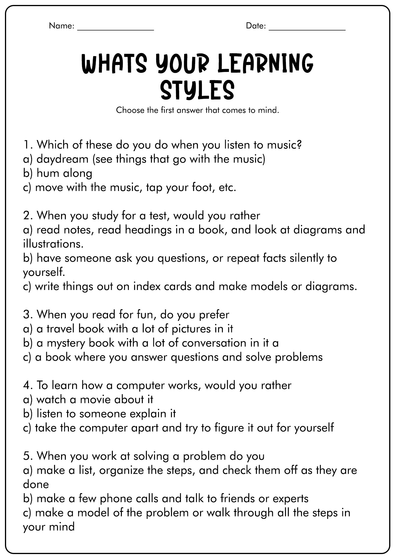 How To Create A Learning Style Quiz Worksheets Library