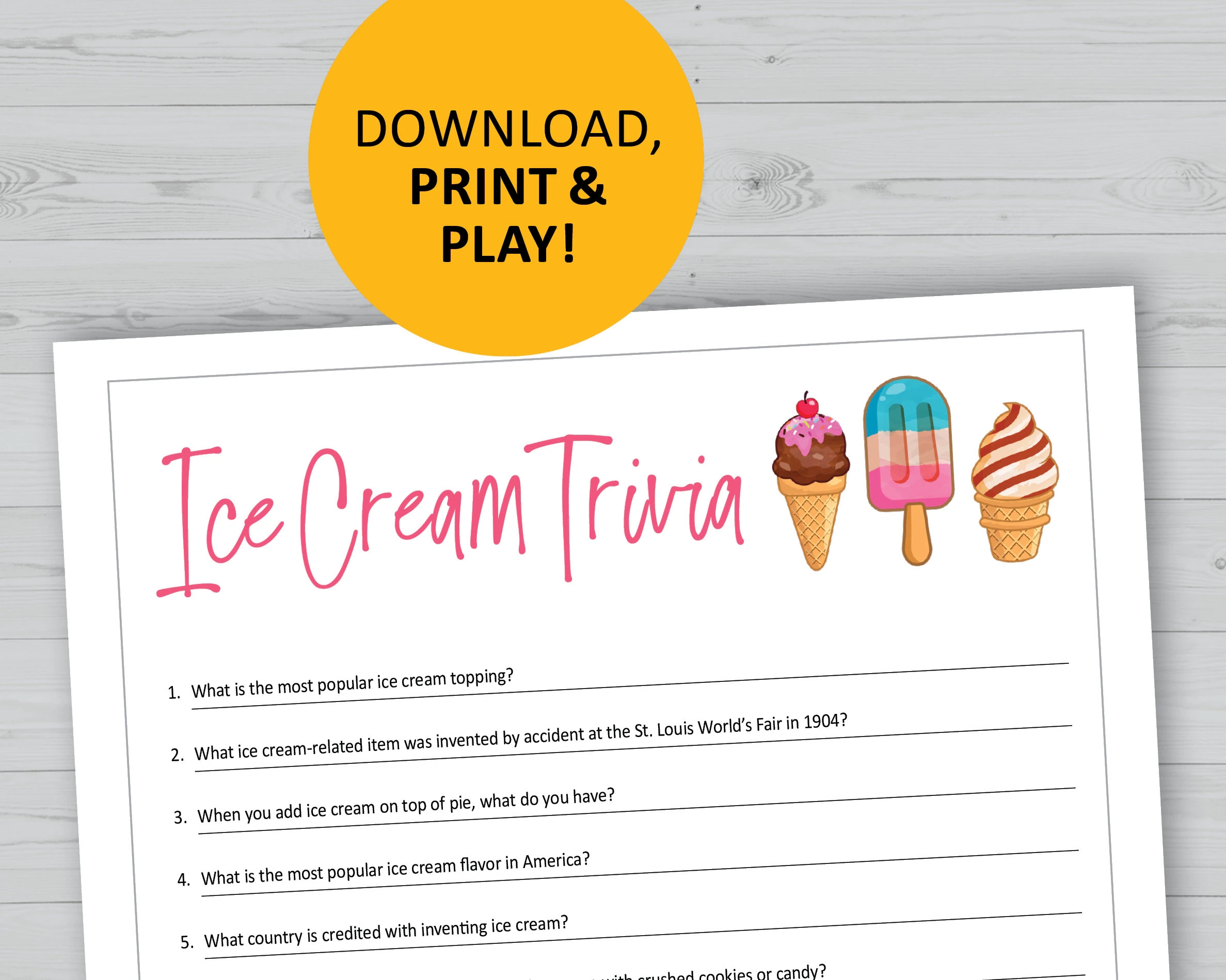 Ice Cream Trivia Game Printable Instant Download Dessert Party Games Questions Quiz Etsy