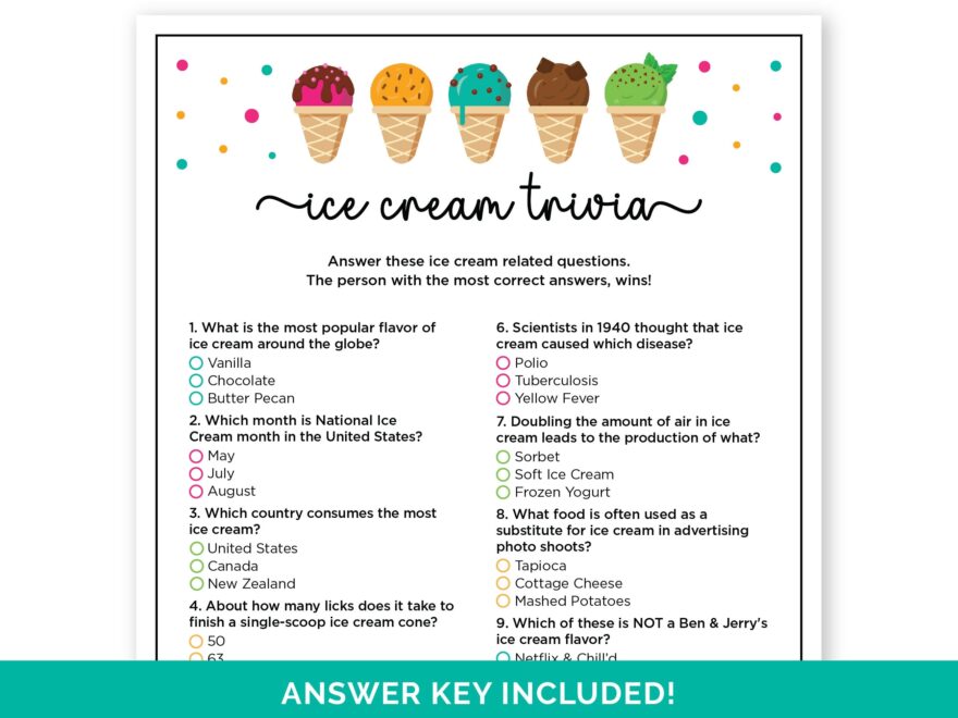 Ice Cream Trivia Game Printable Quiz With Answers For An Ice Cream Social Ice Cream Party Game For Kids Adults Ice Cream Birthday Game Etsy