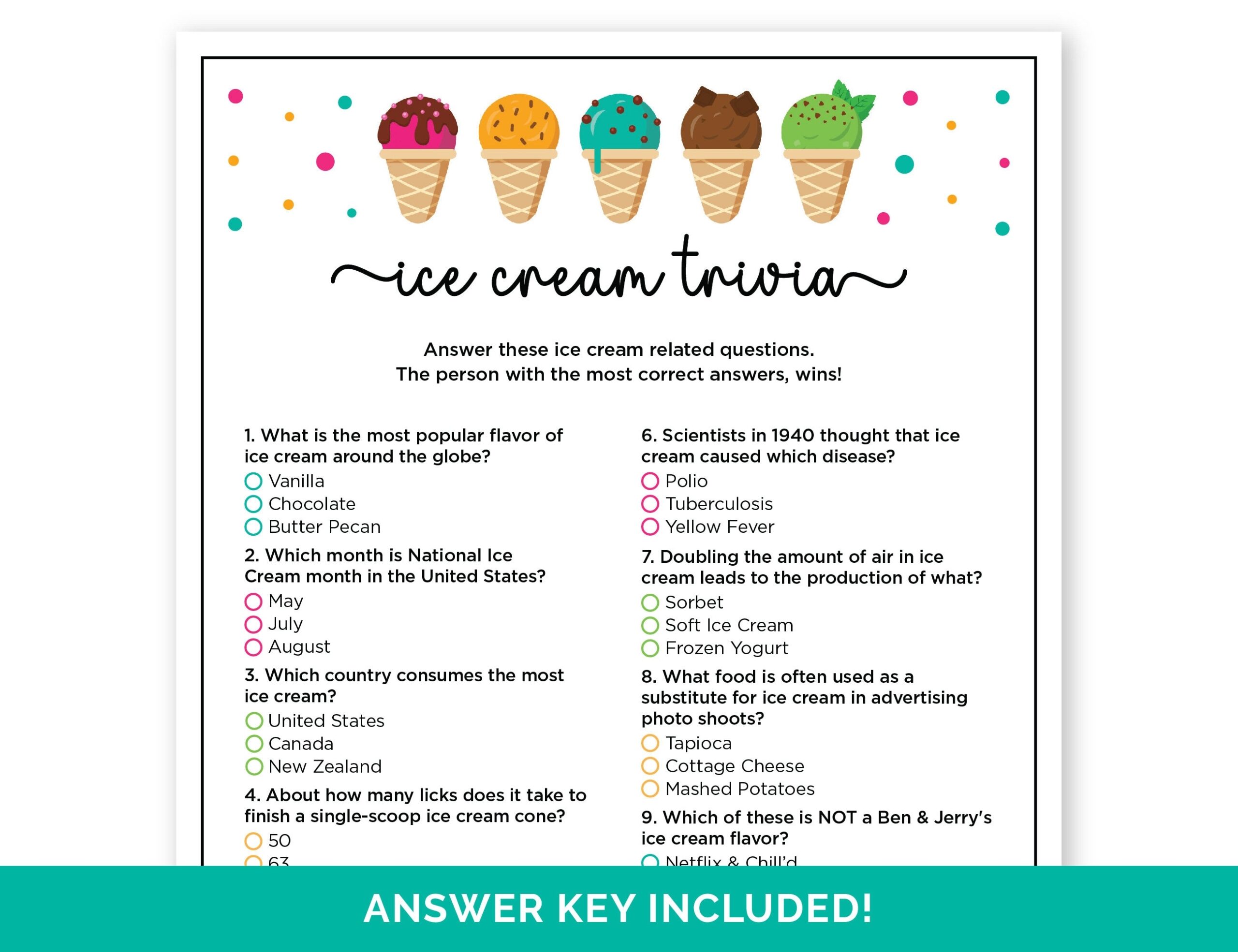 Ice Cream Trivia Game Printable Quiz With Answers For An Ice Cream Social Ice Cream Party Game For Kids Adults Ice Cream Birthday Game Etsy