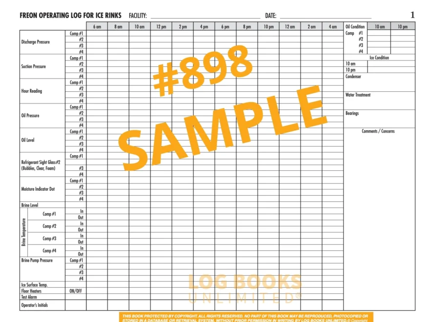 Ice Rink Refrigeration Log Book 4 Compressors Freon 898 Log Books Unlimited