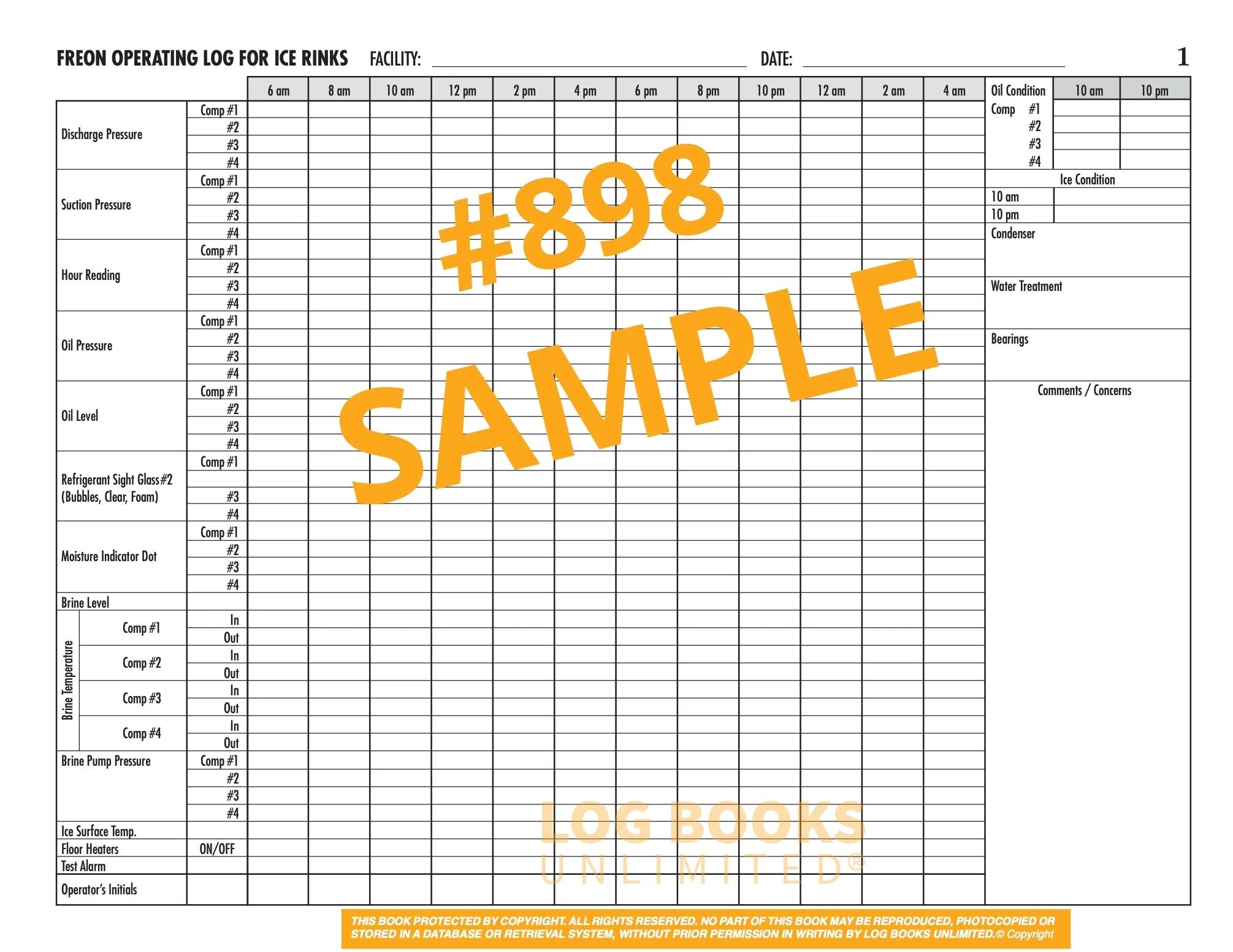 Ice Rink Refrigeration Log Book 4 Compressors Freon 898 Log Books Unlimited