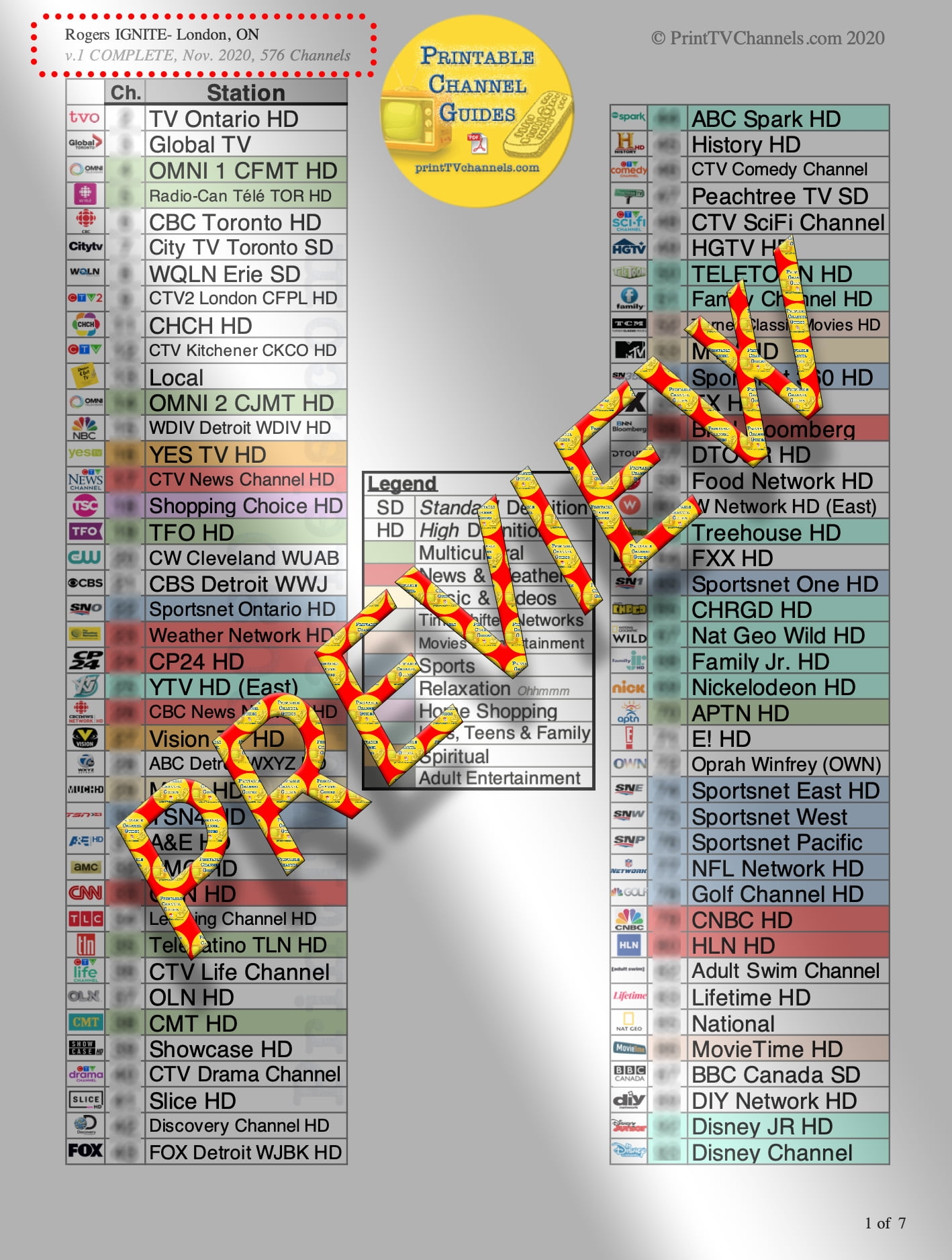 IGNITE TV Channels LONDON ON Complete Printable TV Channel Guides