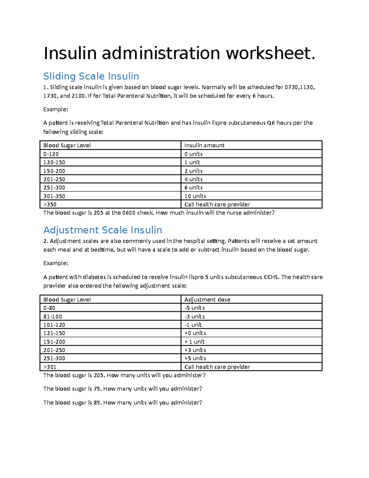 Free Printable Sliding Scale Insulin Chart