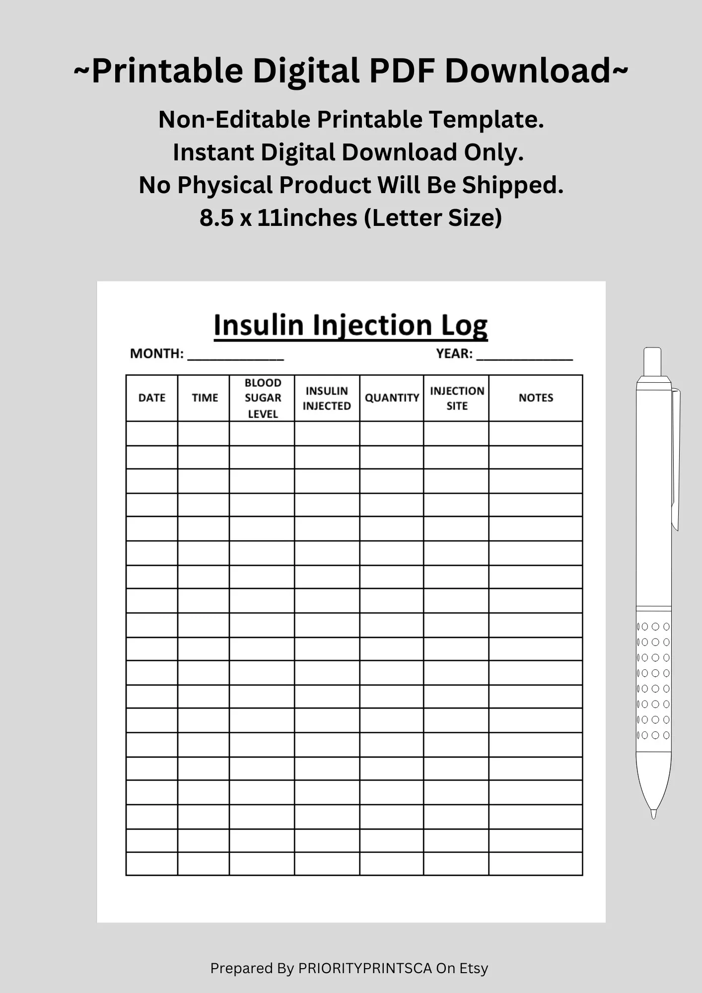 Insulin Injection Log Health Care Printable US Letter Size Digital Download Etsy