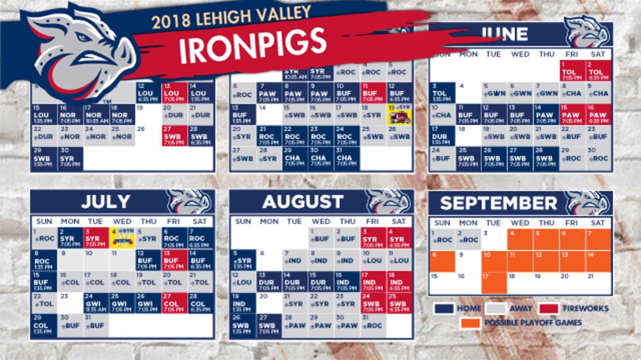 Lehigh Valley Ironpigs Printable Schedule