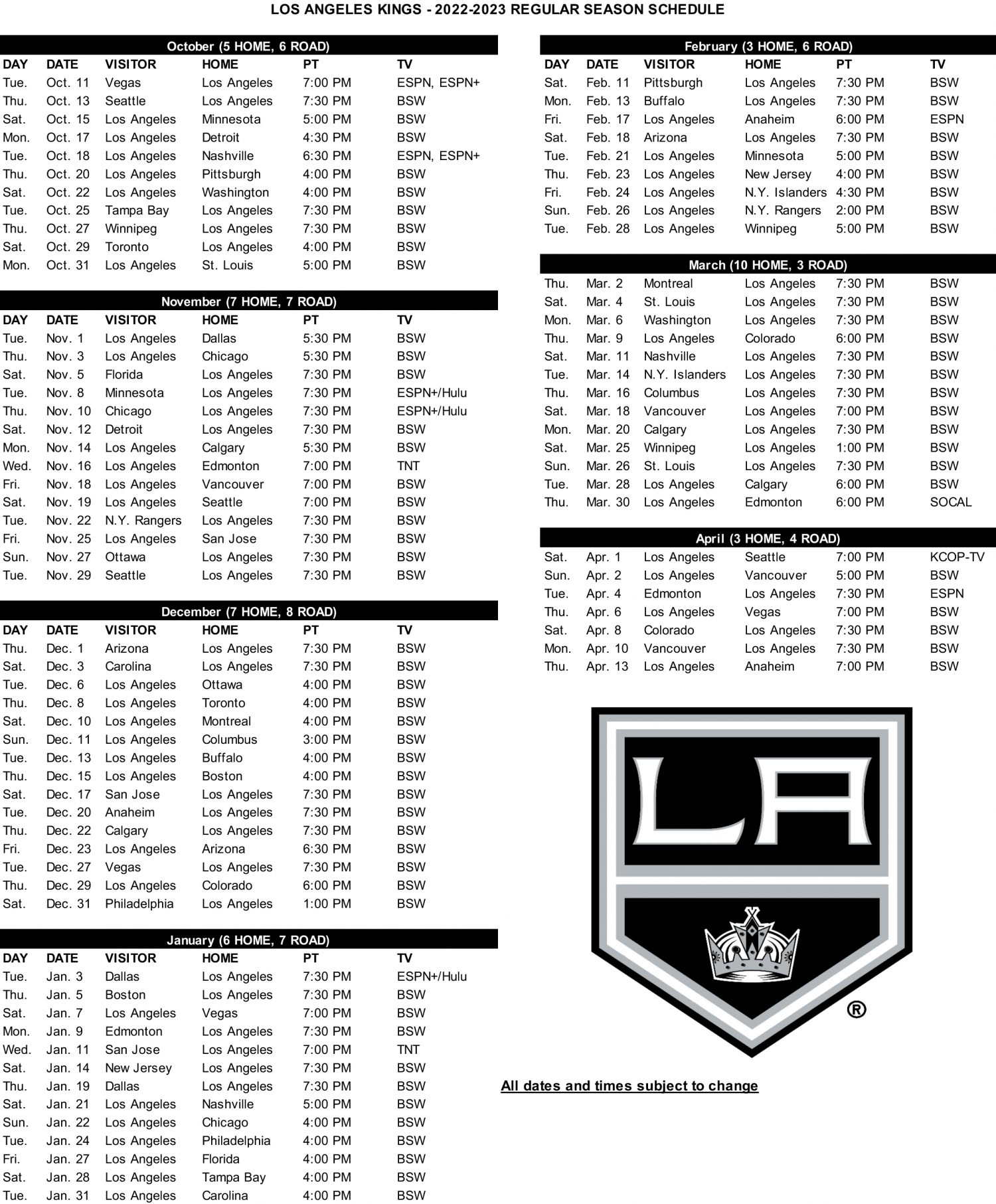 Kings Schedule BSW LA Kings Insider