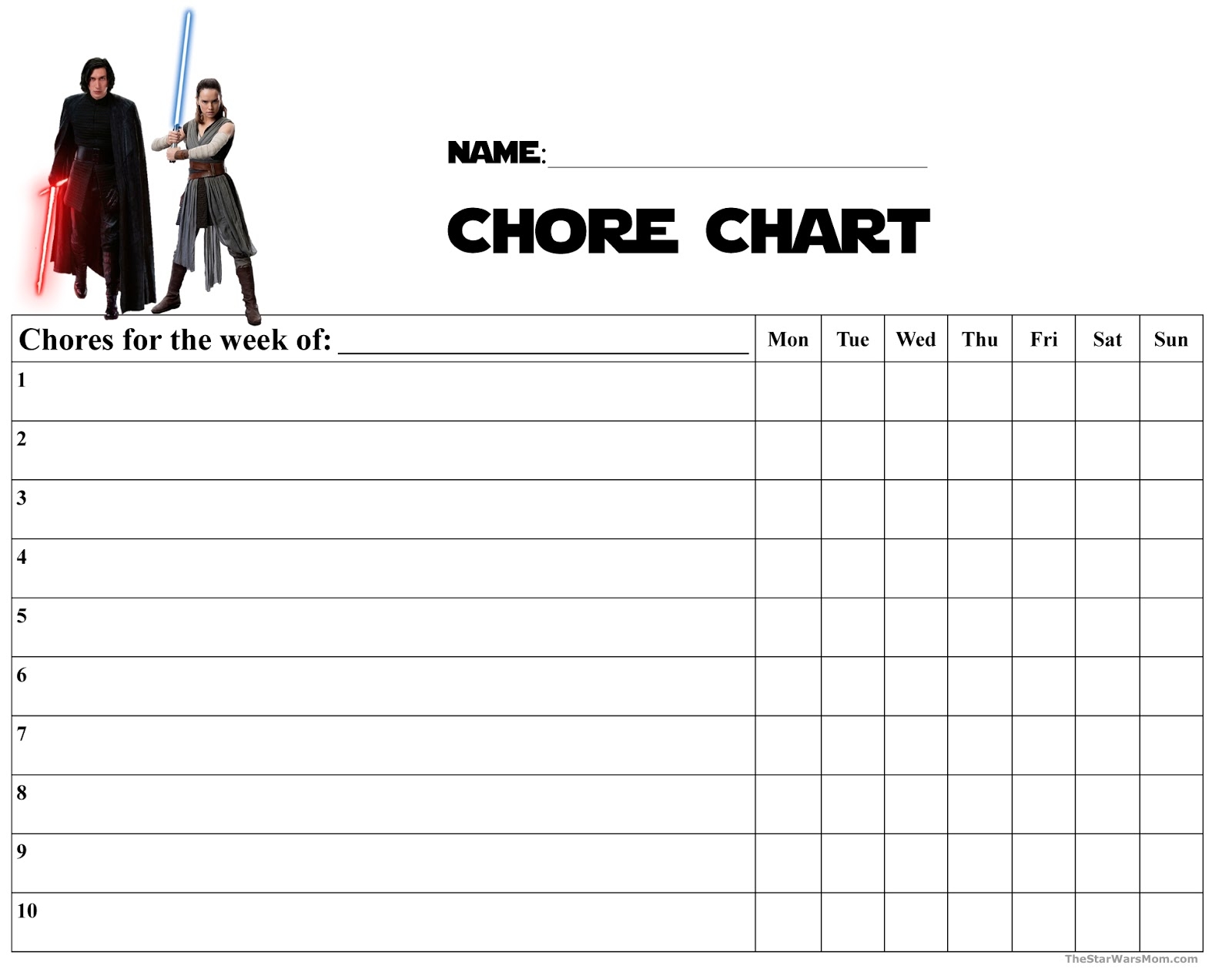 Chore Chart Printable Star Wars