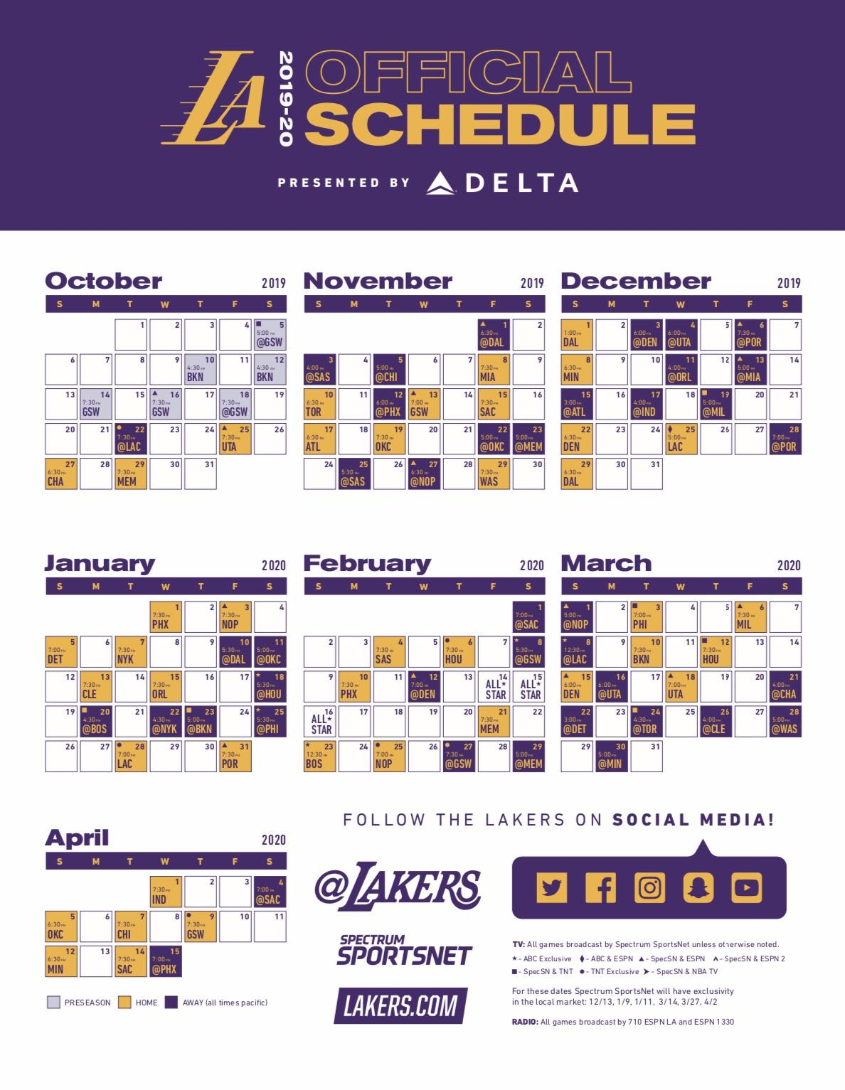 Lakers Printable Preseason Schedule