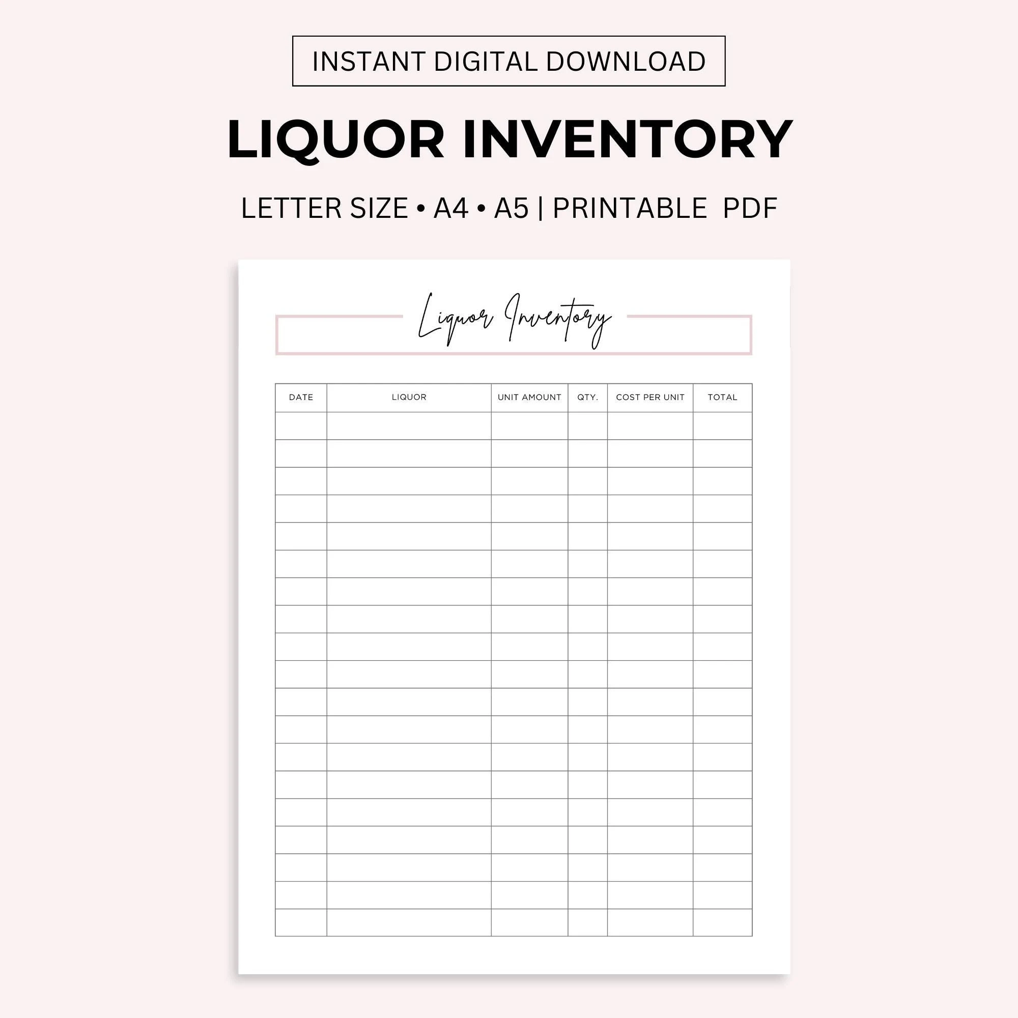 Liquor Inventory Printable Bar Inventory Cocktail Beverage Supply Management Log Etsy