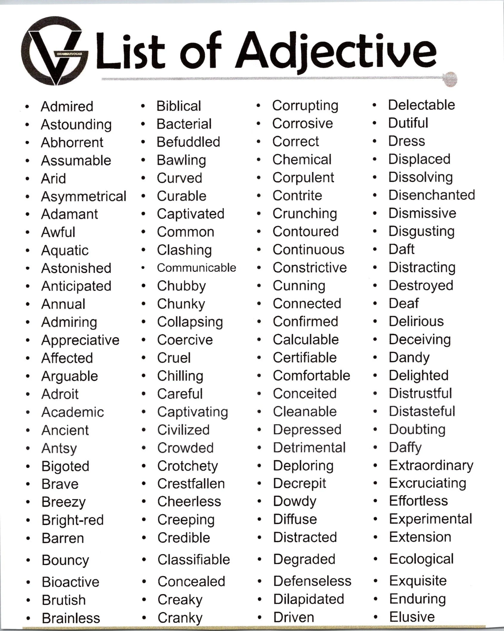 List Of Adjectives For Students And Teachers Intermediate Thru Advanced Etsy Israel