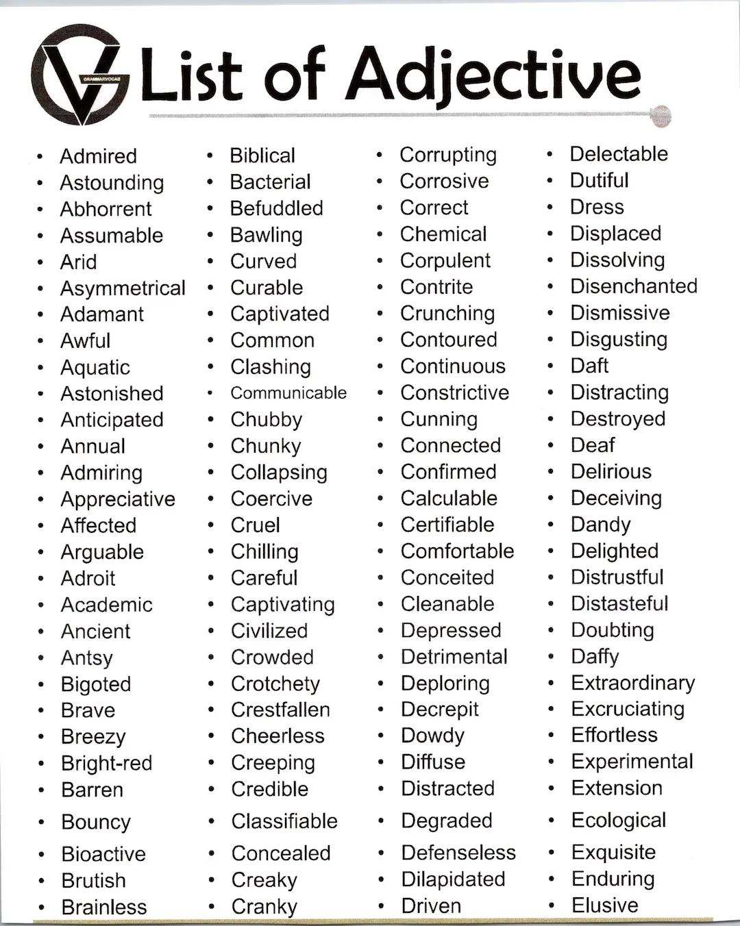List Of Adjectives Printable Free List Of Adjectives Printable Free