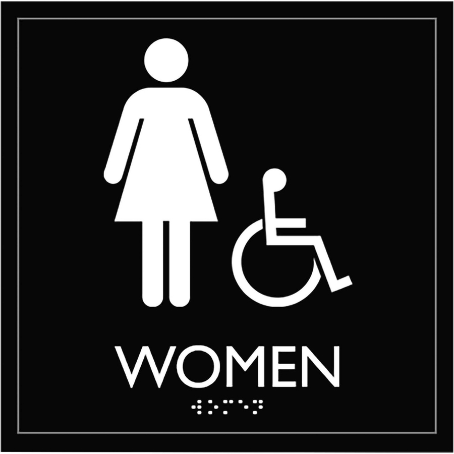 Lorell Women s Handicap Restroom Sign Print Message women s Restroom wheelchair Accessible 8 Width X 8 Height Square Shape Surface mountable Easy Readability Injection molded Restroom Architectural Plastic Black 1 Each OFFICE PROS