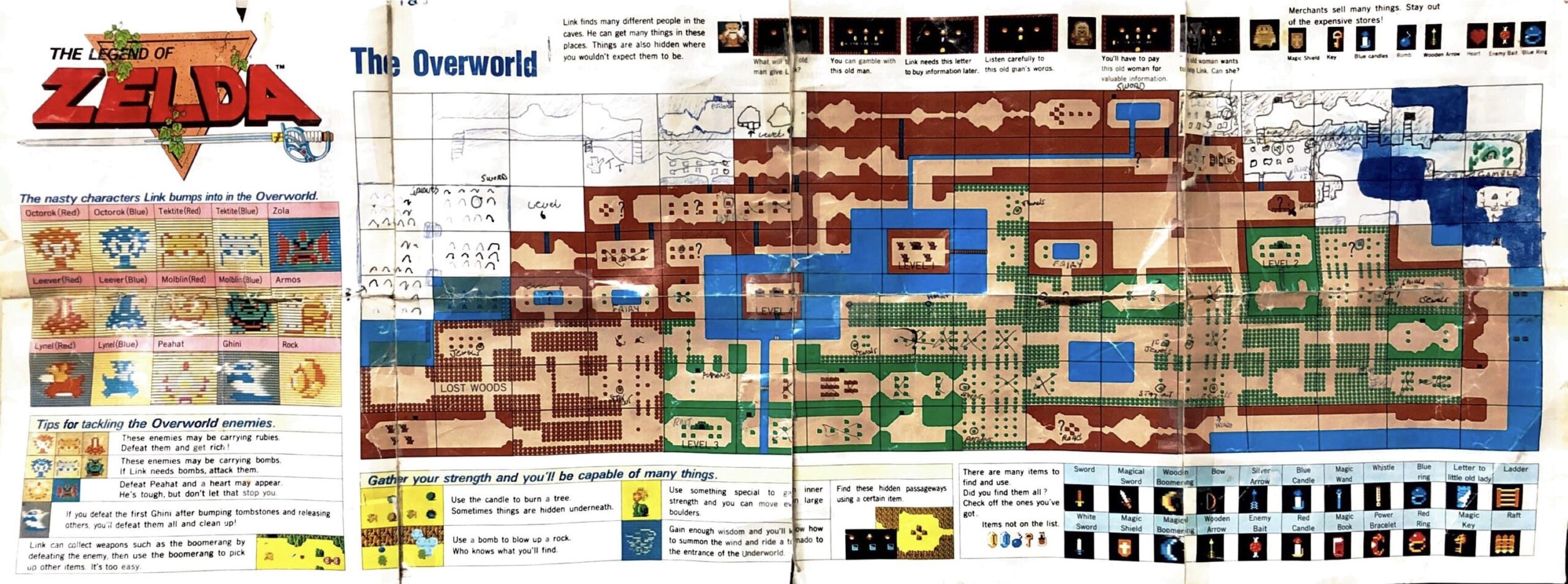 LoZ My Father s Original Zelda Map He Filled In The Secrets And The Missing Blocks When He Played Back In 1989 I Discovered It Tucked Away In The Box About 12 Years