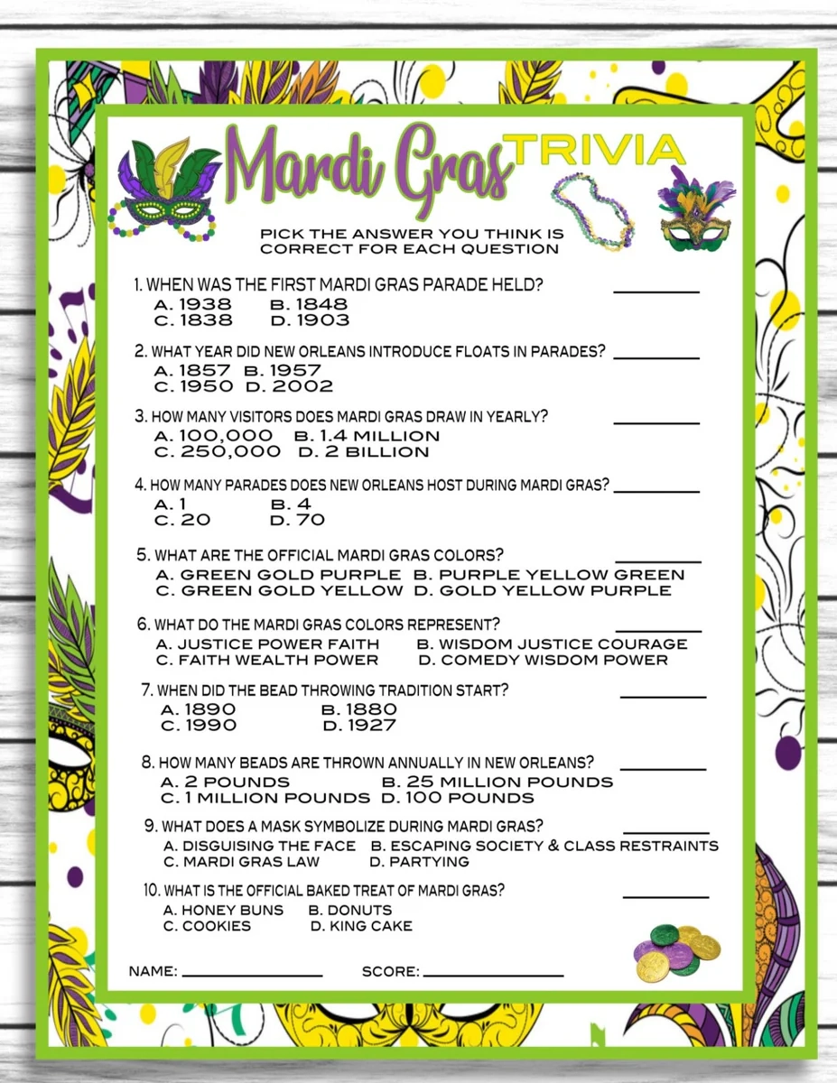 Mardi Gras Trivia Game Party Game Instant Download Printable Or Vir Enjoymyprintables