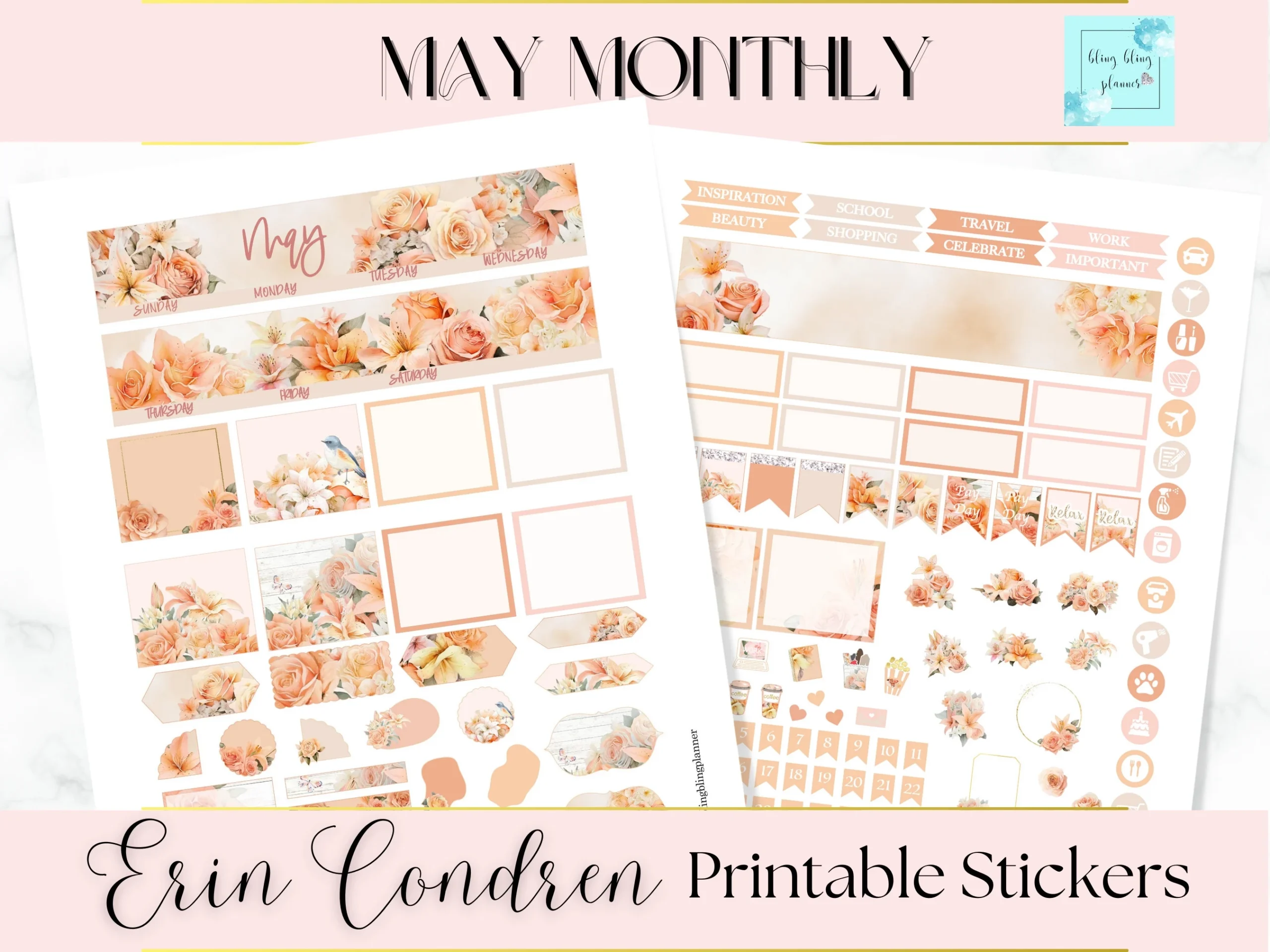 MAY MONTHLY PRINTABLE Sticker Flower Monthly View May Printable Monthly Sticker Kit Erin Condren May Monthly Floral Monthly Sticker Pack Etsy