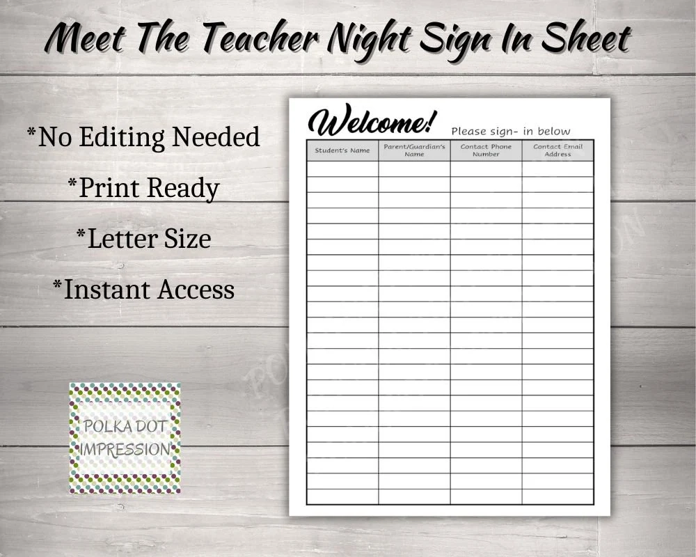 Meet The Teacher Night Sign In Sheet For Parent Or Guardians Classroom Forms Parent Information Open House Printable PDI SKU F00001 Etsy