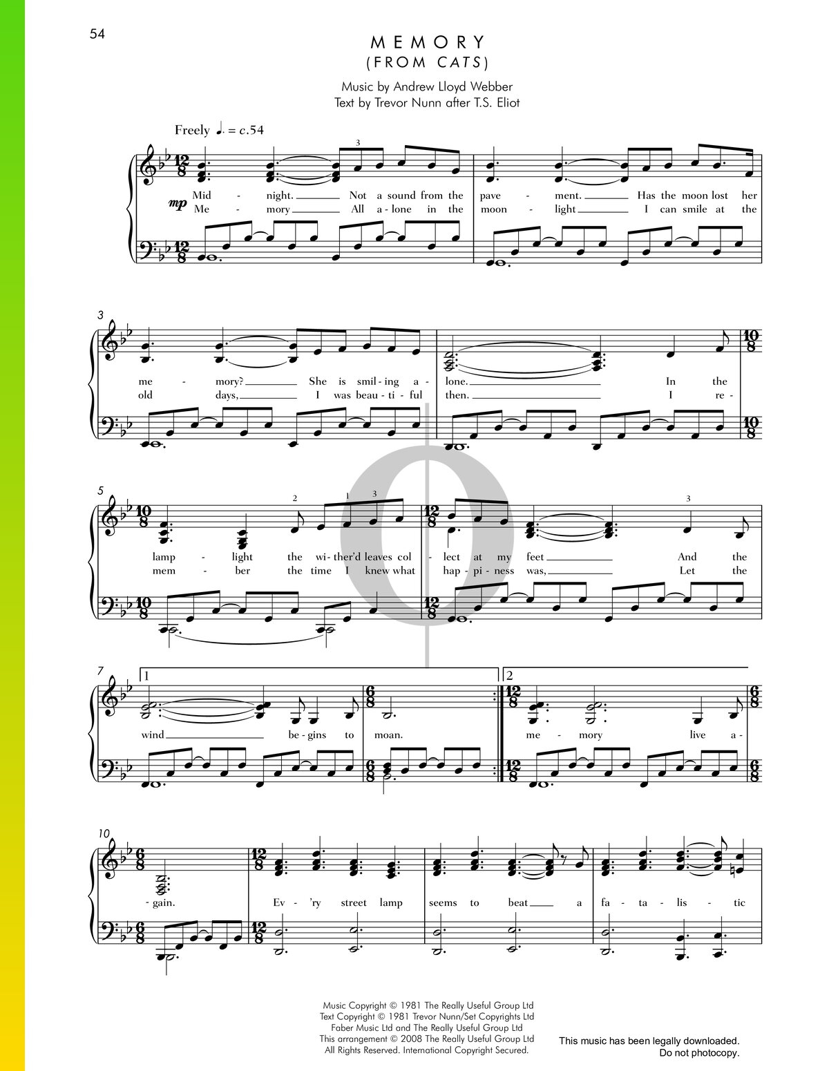 Memory Andrew Lloyd Webber Piano Sheet Music OKTAV