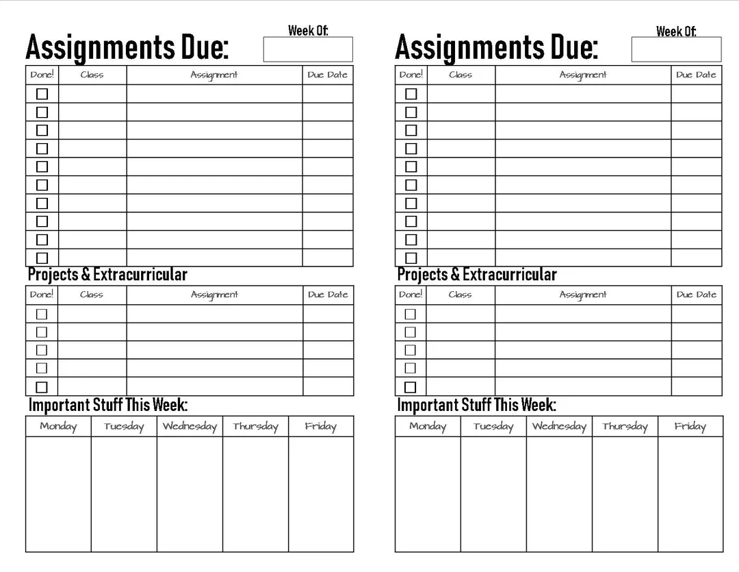 Secondary School Homework Planner Printable