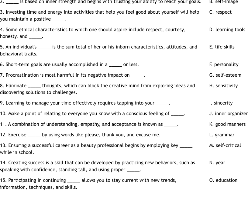 Milady Ch 2 Life Skills Quiz Worksheet WordMint
