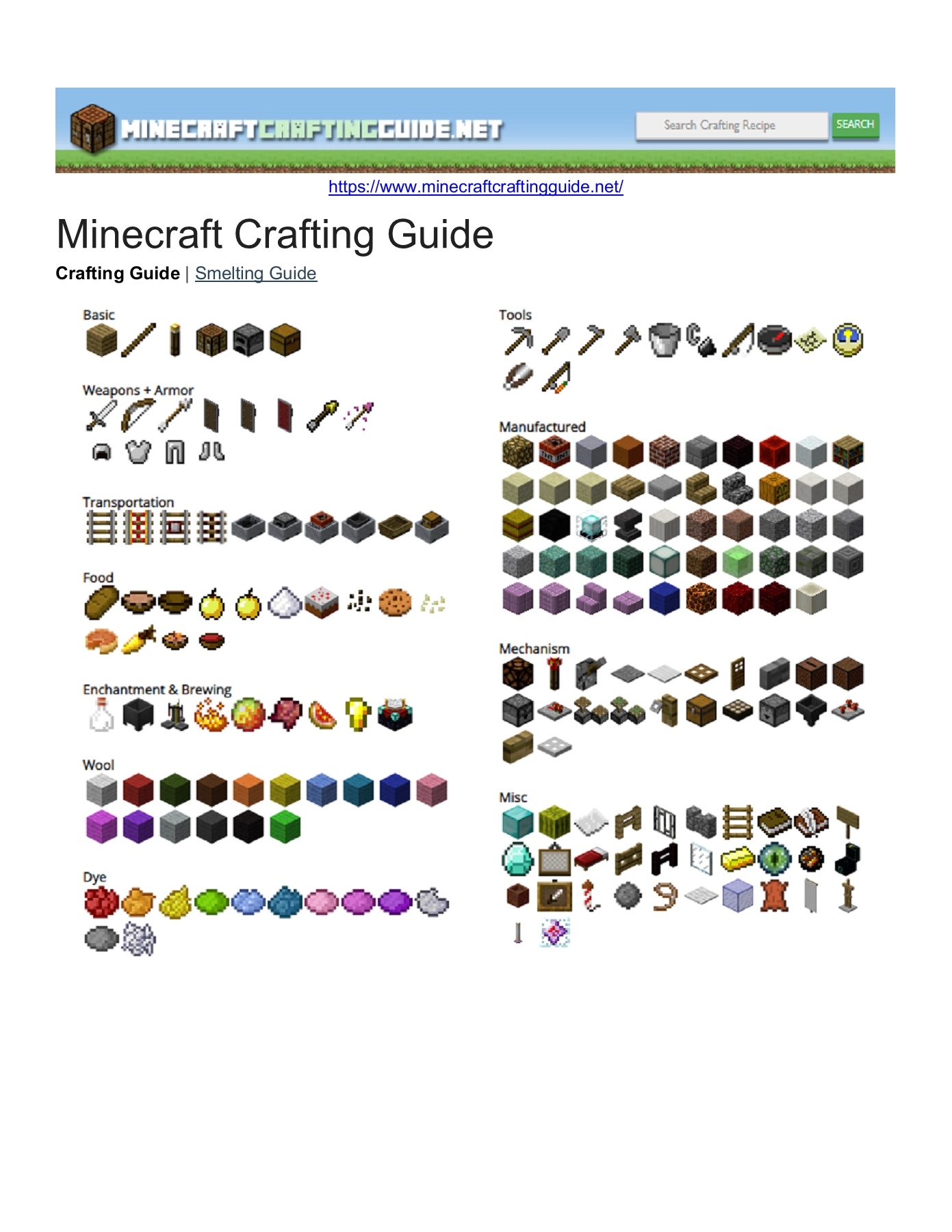 Printable Minecraft Crafting Guide