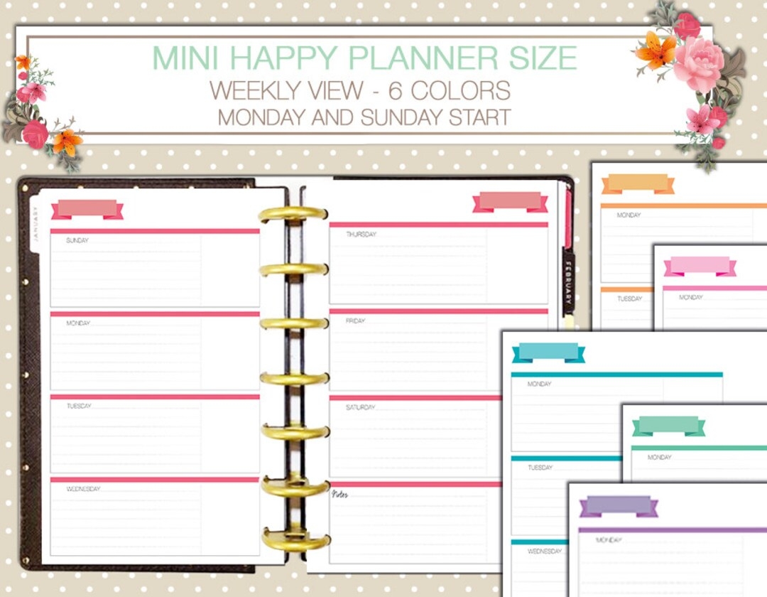 Mini Happy Planner Weekly Printable Inserts Horizontal Layout Sunday Start Monday Start Week On Two Pages Etsy