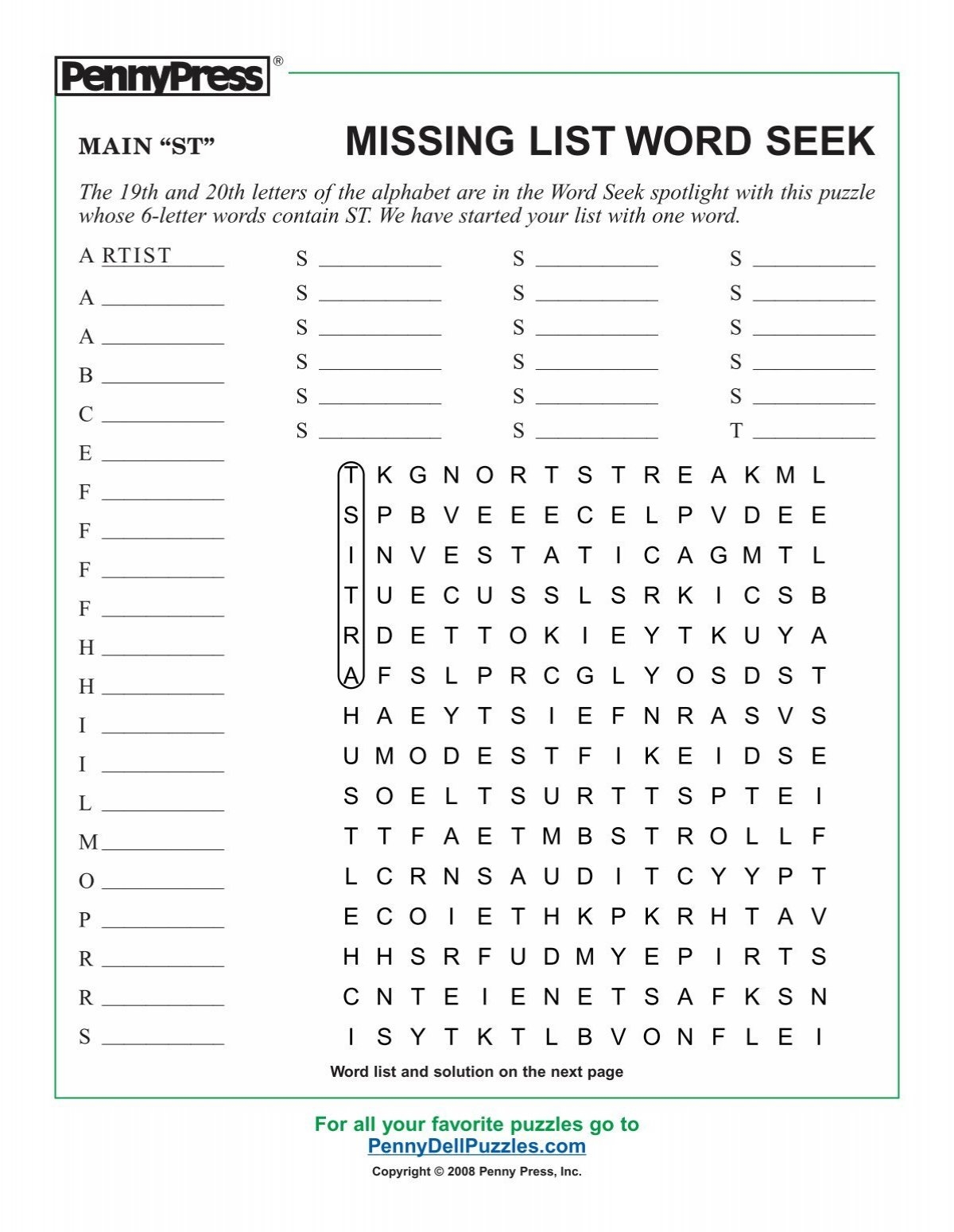 Printable Missing Word List Puzzles