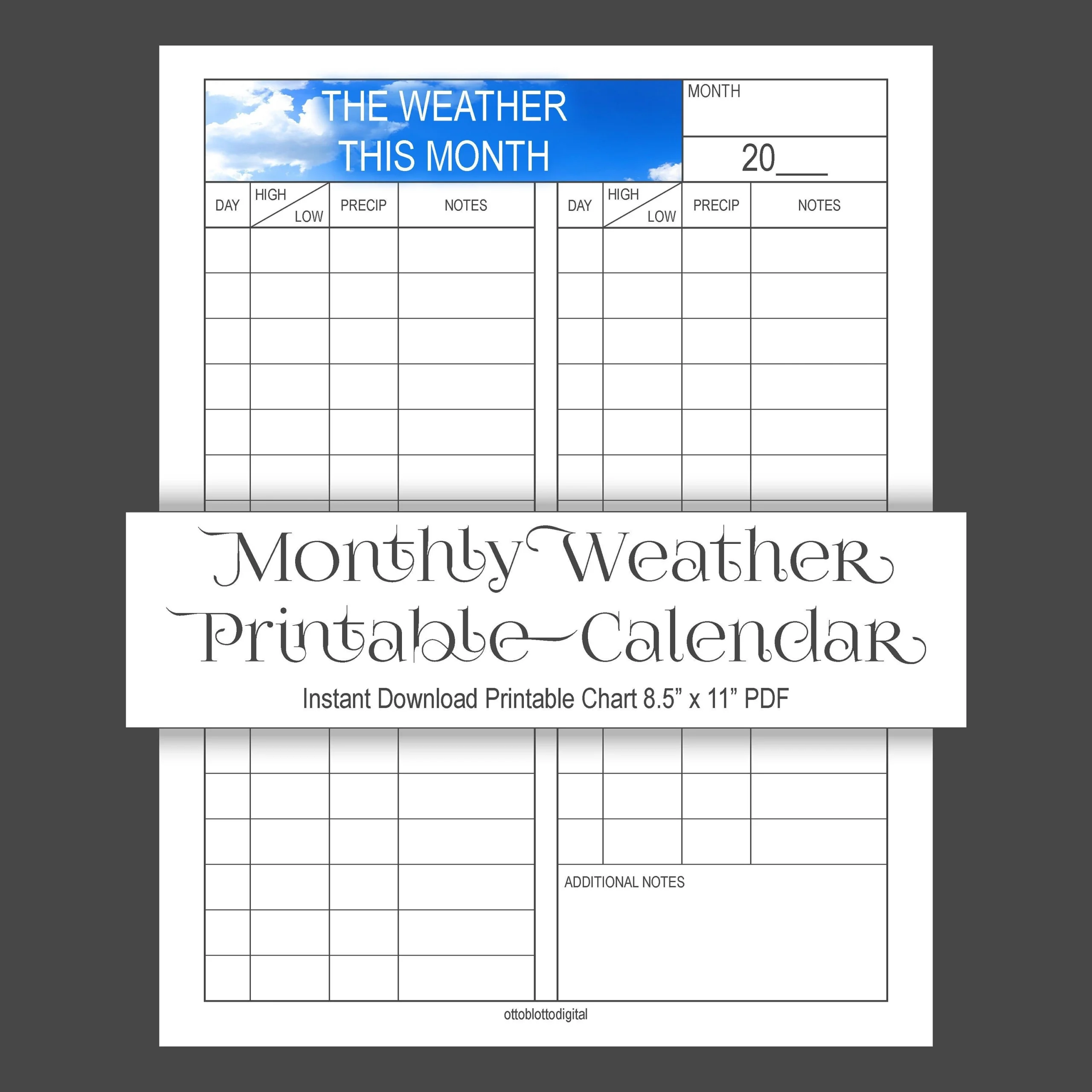 MONTHLY WEATHER CALENDAR Printable Weather Log Weather Journal Instant Download Digital Download Blue Sky Children And Adults Etsy