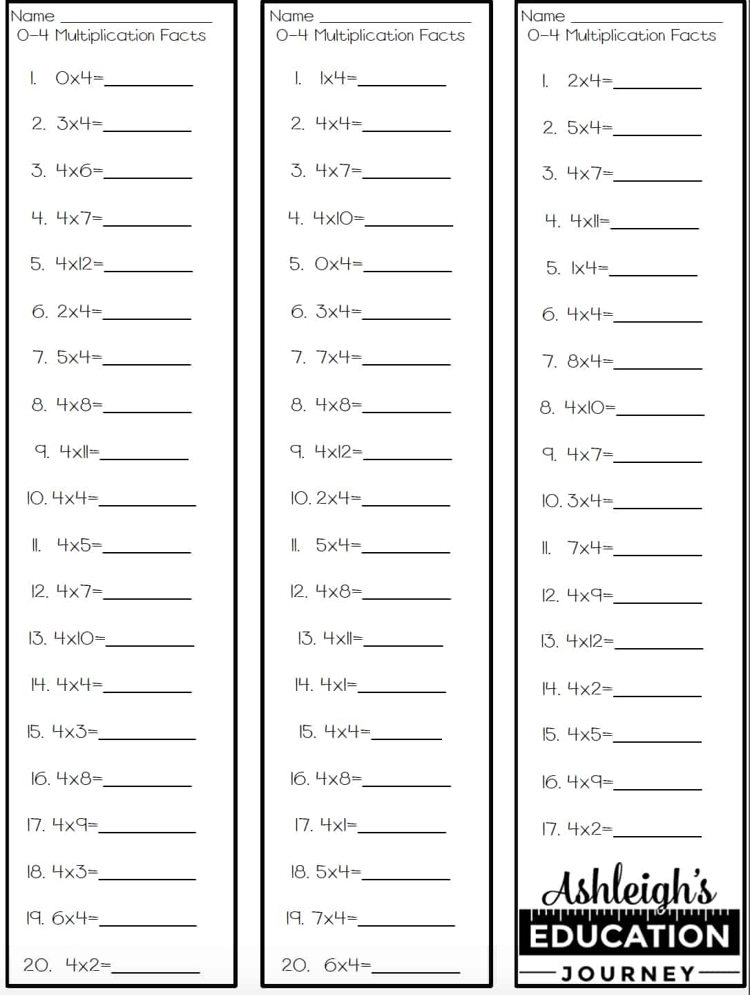 Printable Multiplication Facts Quizzes