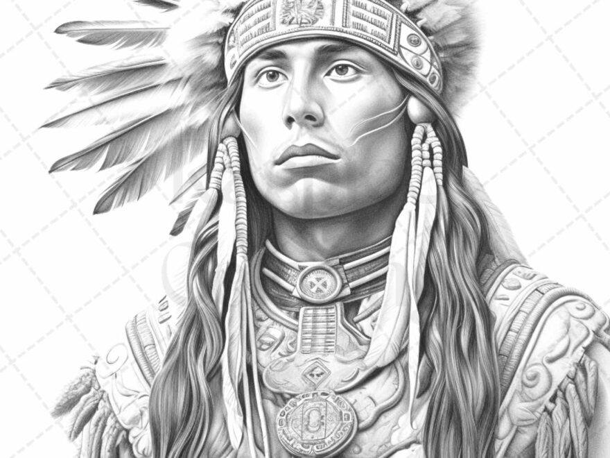 Native American Portrait Grayscale Coloring Pages Printable For Adults RASPIEE