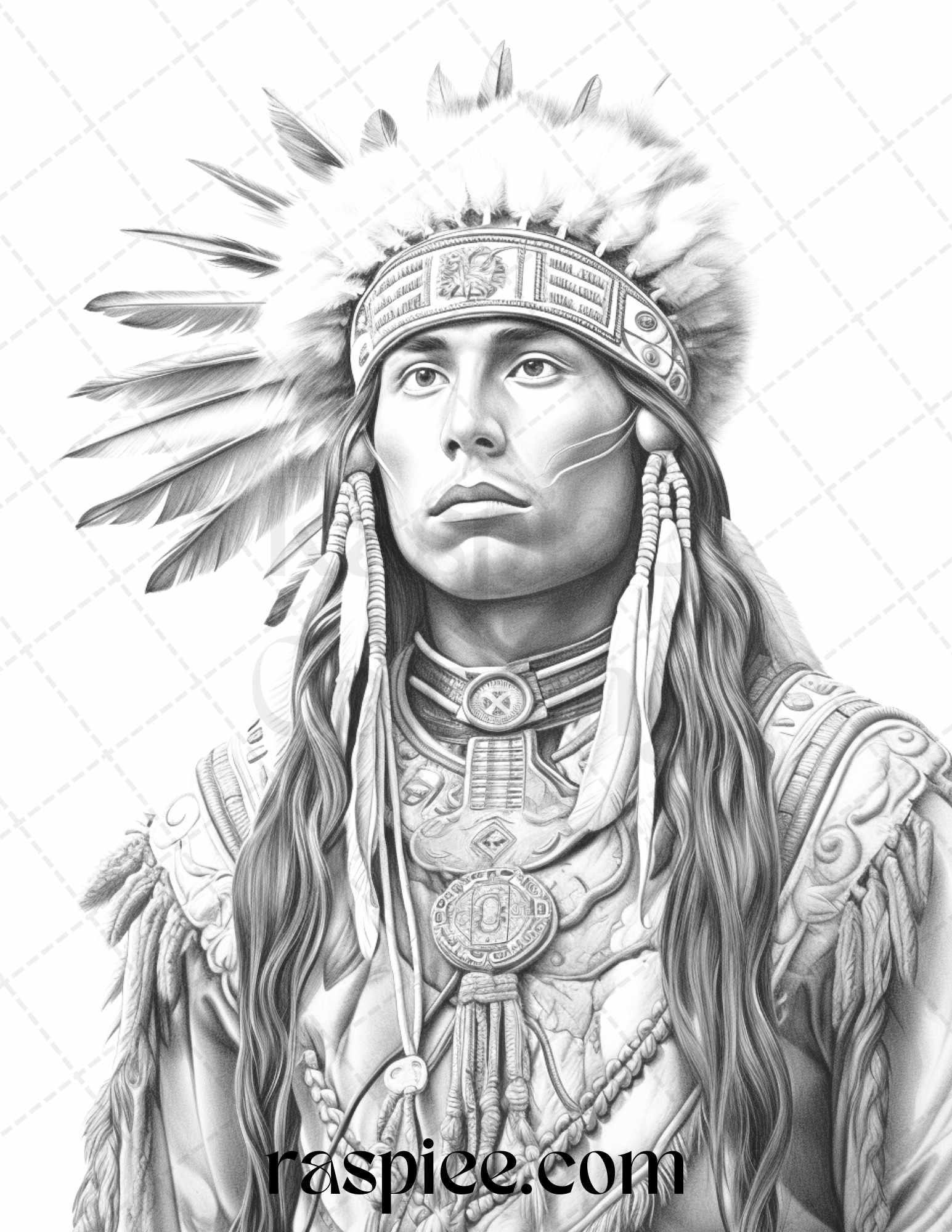 Native American Portrait Grayscale Coloring Pages Printable For Adults RASPIEE