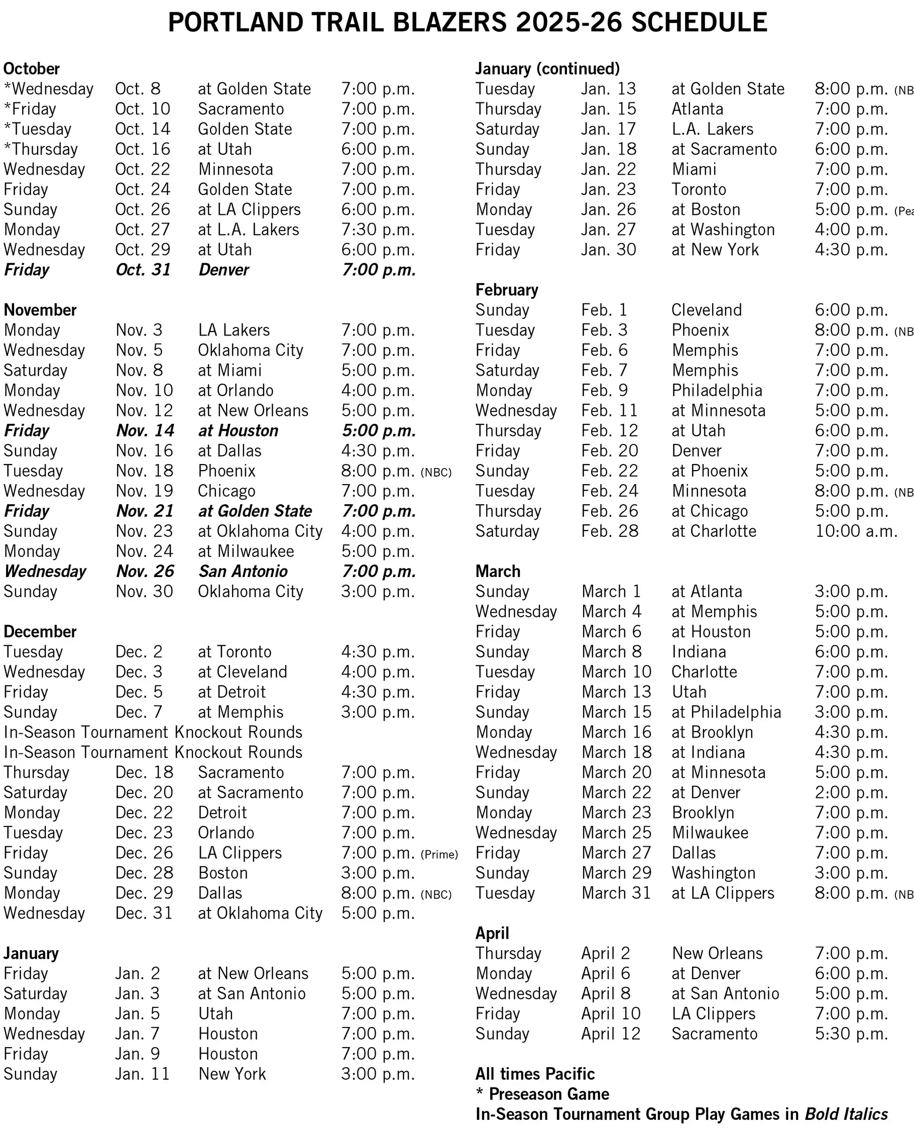 Nba Printable Regular Season Schedule 2025-26