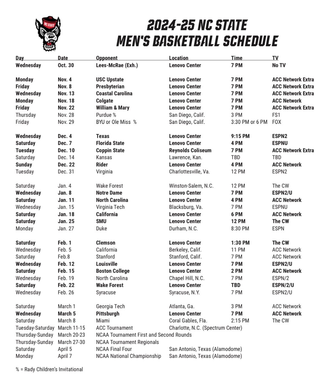 NC State s 2024 25 Men s Basketball Schedule Pack Insider