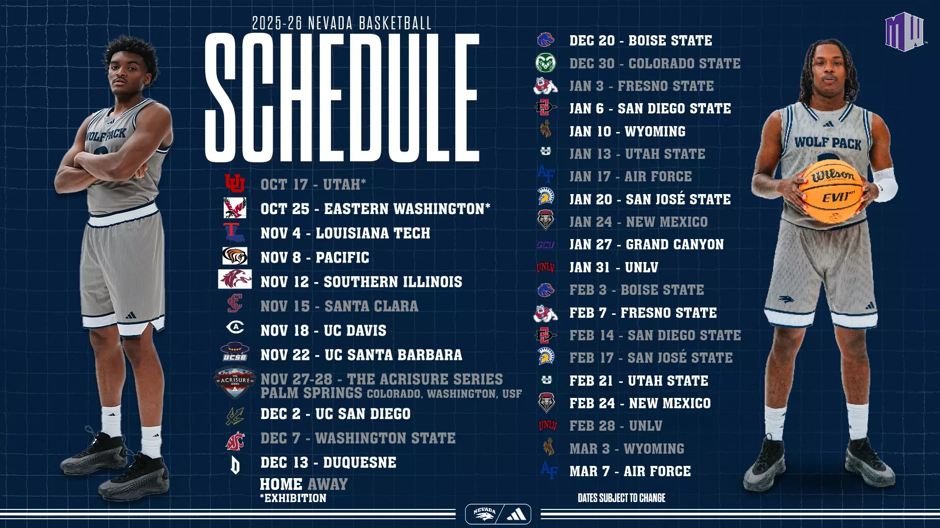 Nevada Men s Basketball Releases 2025 26 Schedule University Of Nevada Athletics