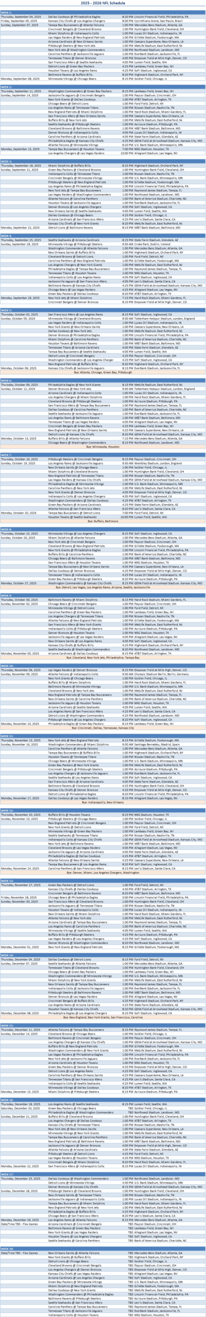 Nfl 2026 Schedule Printable