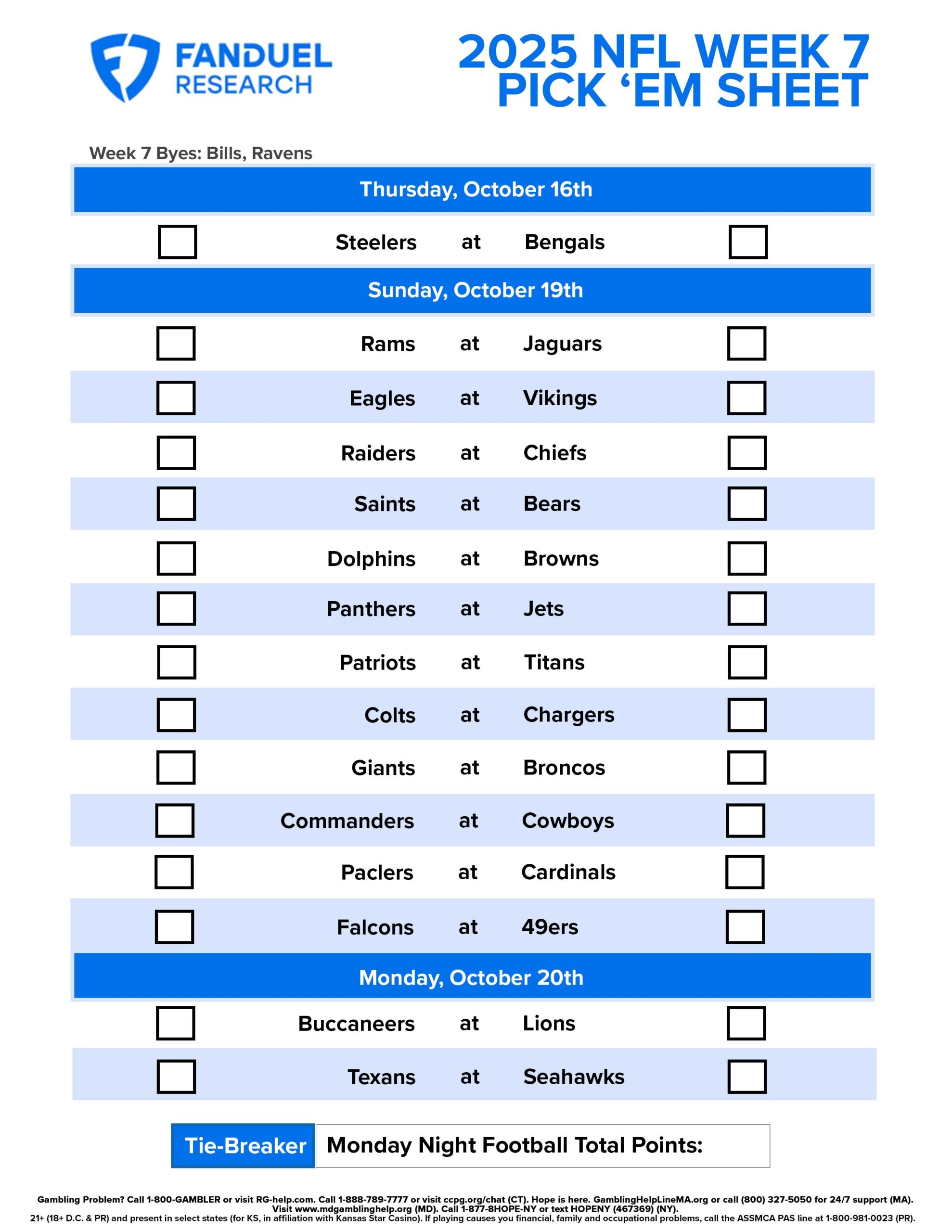 NFL Week 7 Pick Em Sheet Free Printable Schedule And Betting Odds FanDuel Research