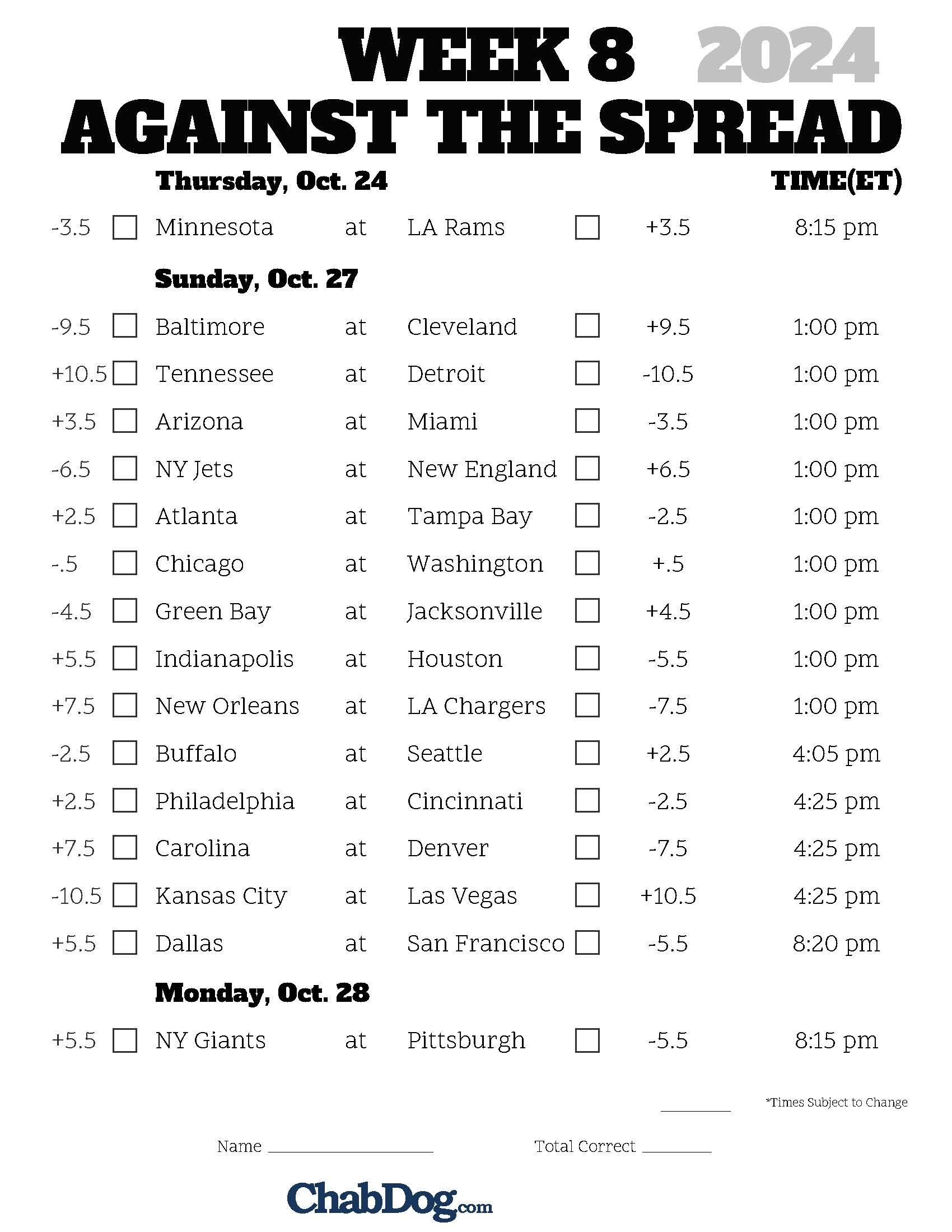 NFL Week 8 Spreads ChabDog Sports Talk 