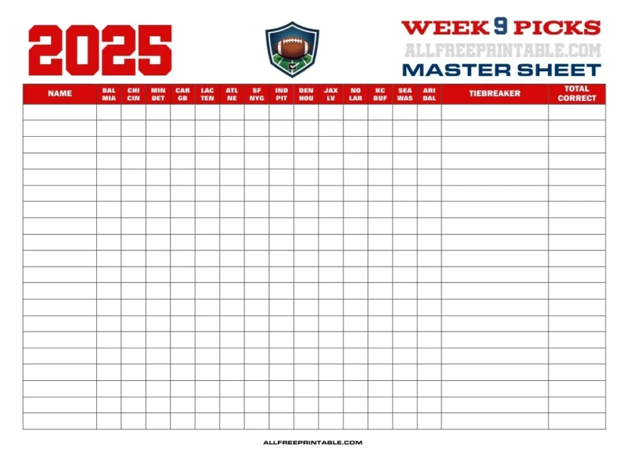 NFL Week 9 Pick em Master Sheet 2025 Free Printable