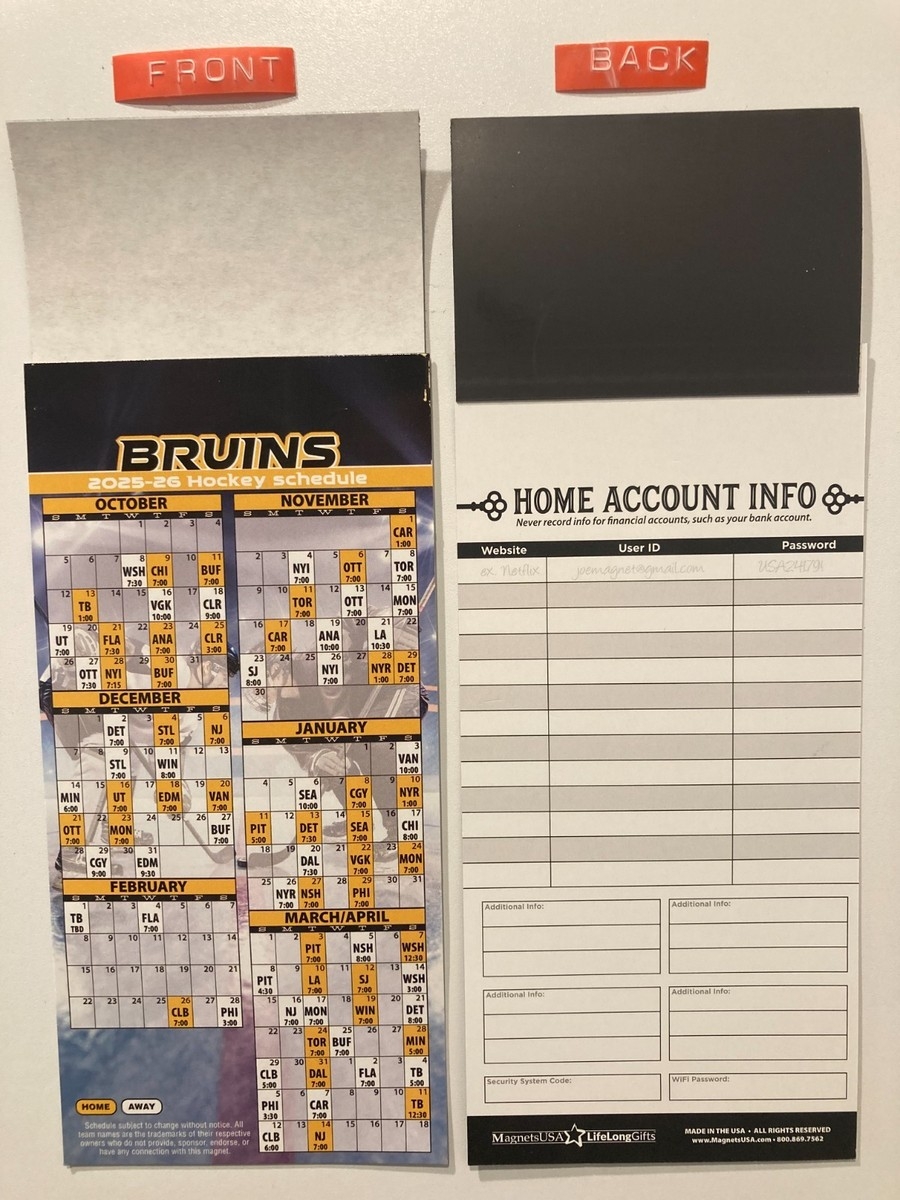 NHL 2025 2026 BOSTON BRUINS PARTIAL MAGNET SCHEDULE TEAMS DATES TIMES NEW EBay