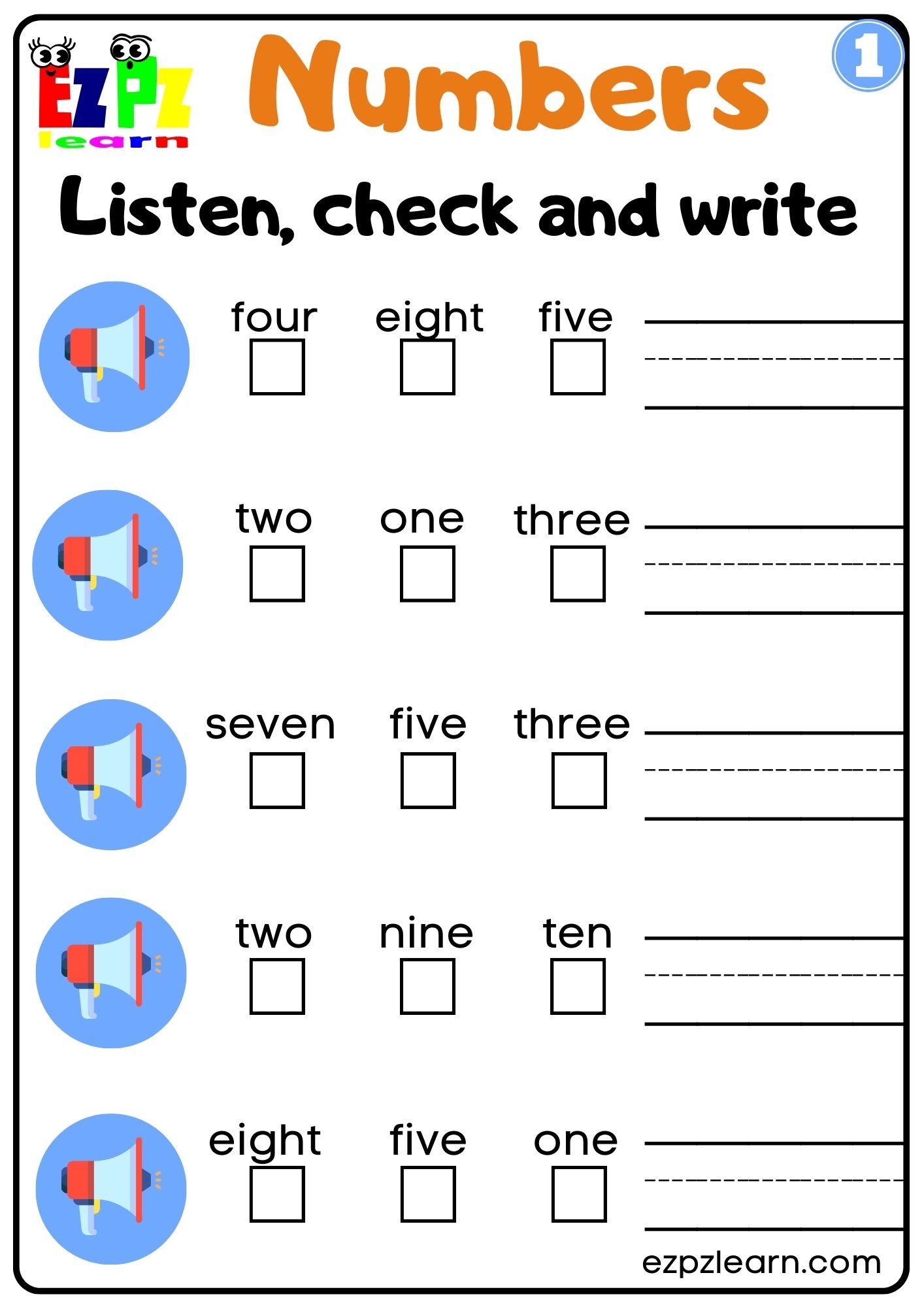 Numbers One To Ten Vocabulary Interactive Worksheet Listen Check And Write The Words Activity For Kids And ESL Students G1 Ezpzlearn