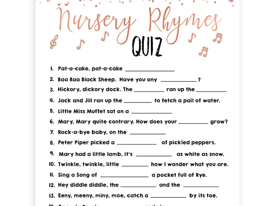 Nursery Rhyme Quiz Game Rose Gold Printable Baby Shower Games OhHappyPrintables