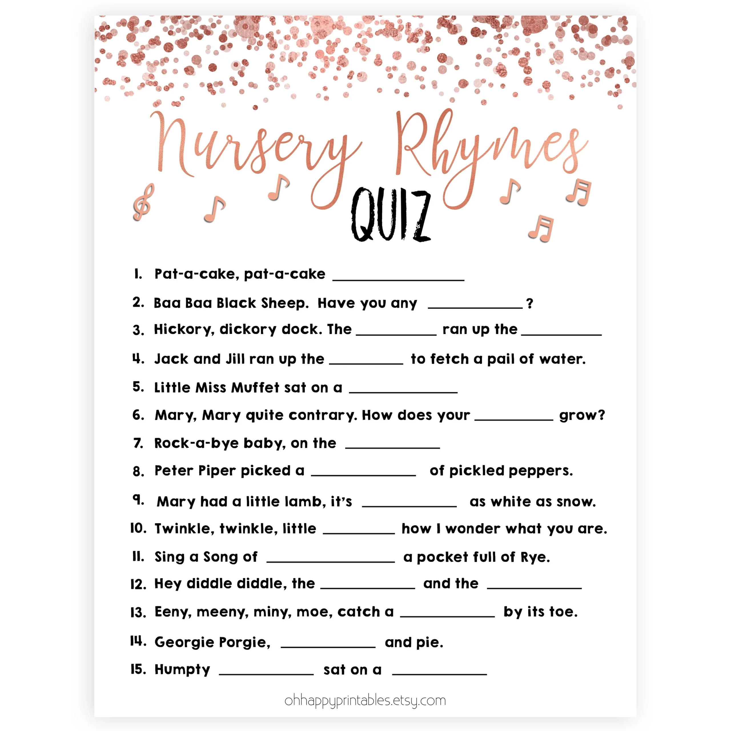 Nursery Rhyme Quiz Game Rose Gold Printable Baby Shower Games OhHappyPrintables
