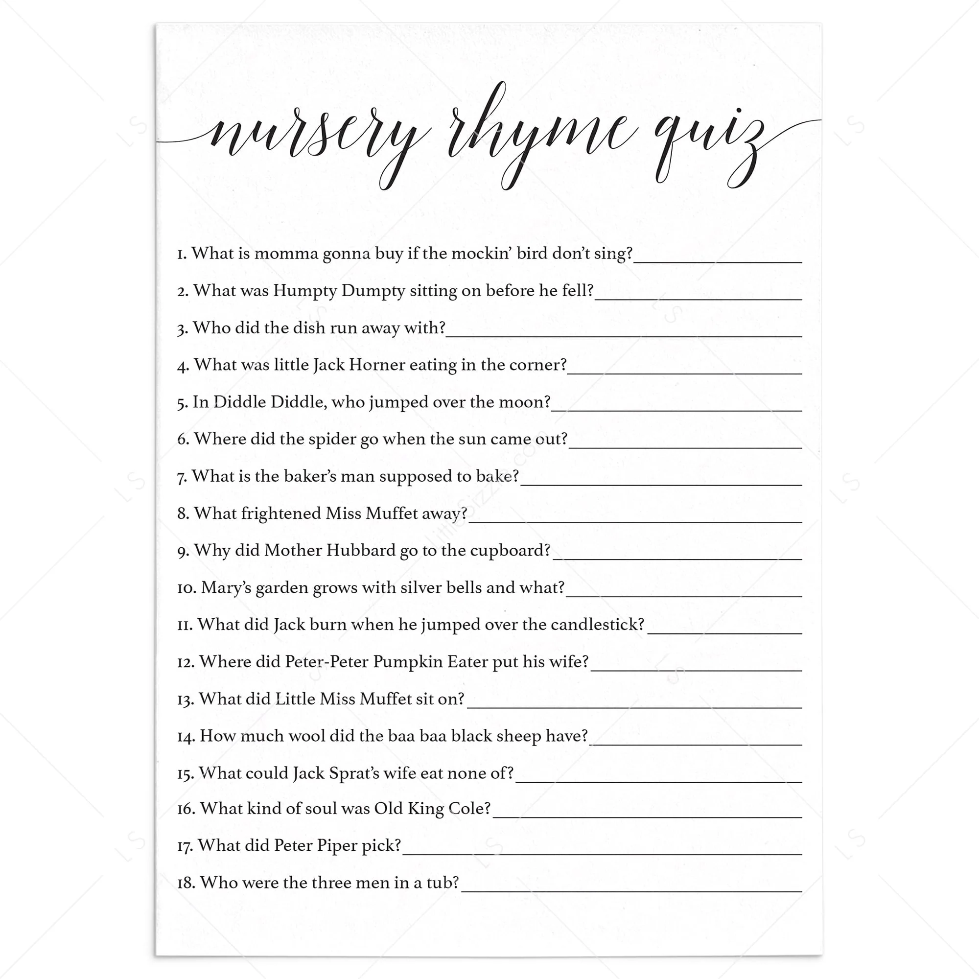 The Nursey Ryhmes Quiz Game Printable