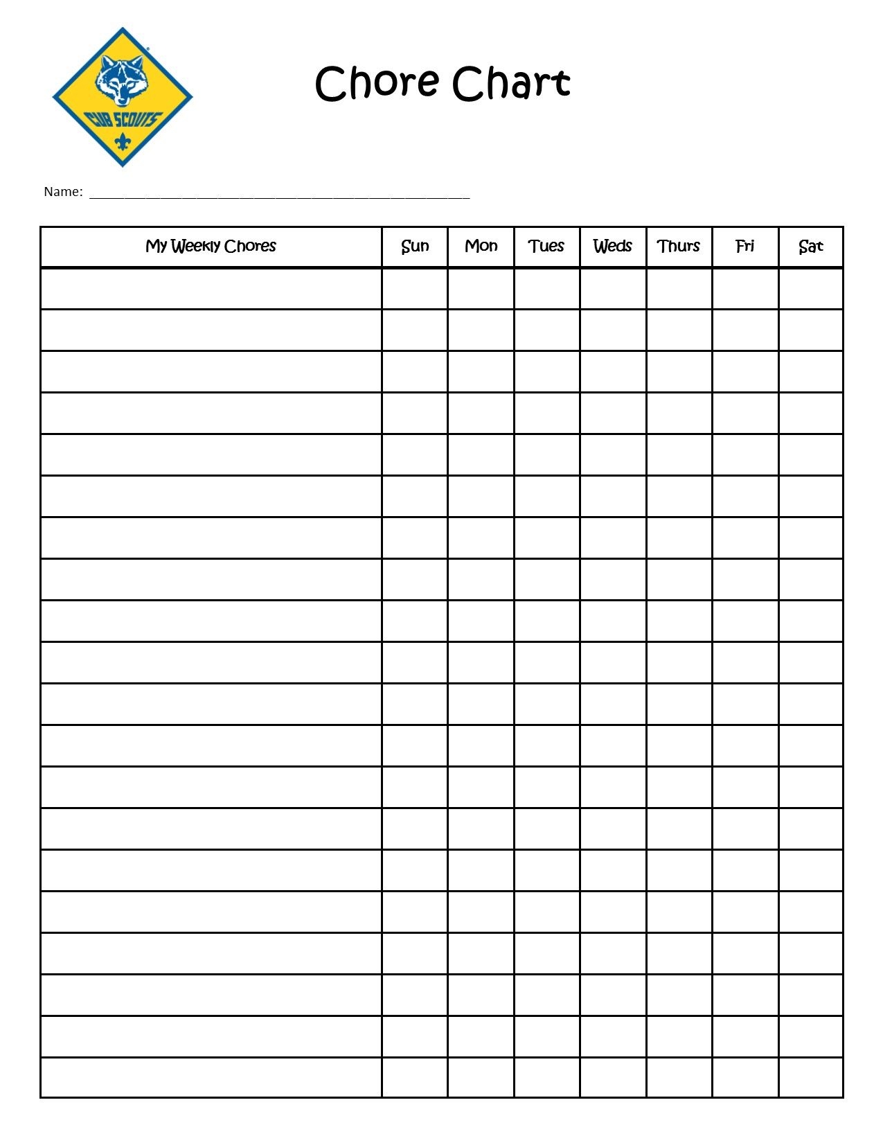 Cub Scout Chore Chart Printable