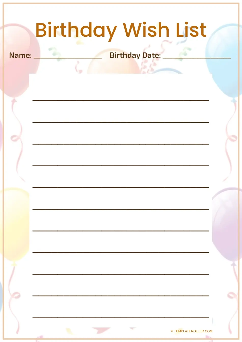 Printable Birthday Wish List Template