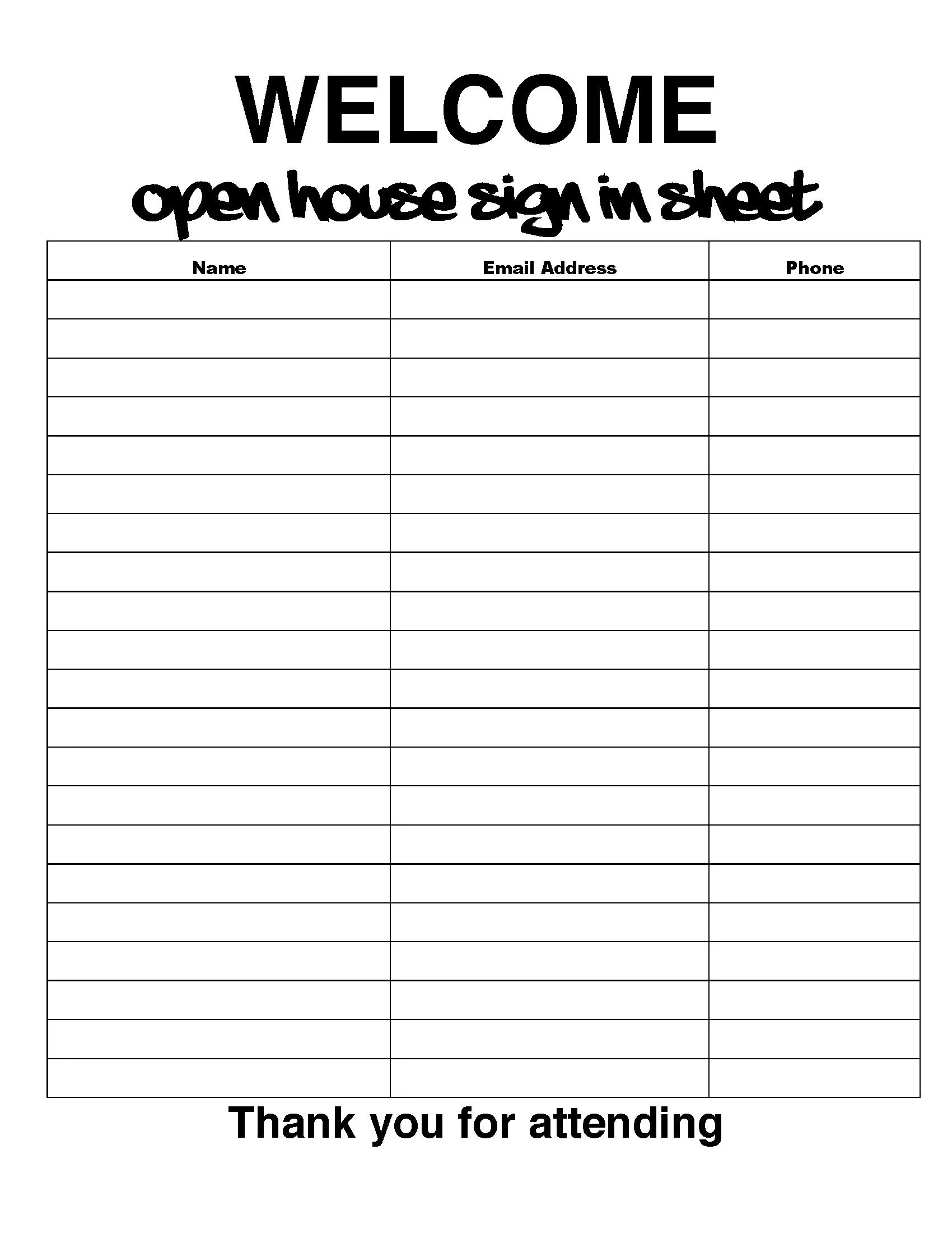 Printable Sign In Sheet Open House Printable Sign In Sheet Open House