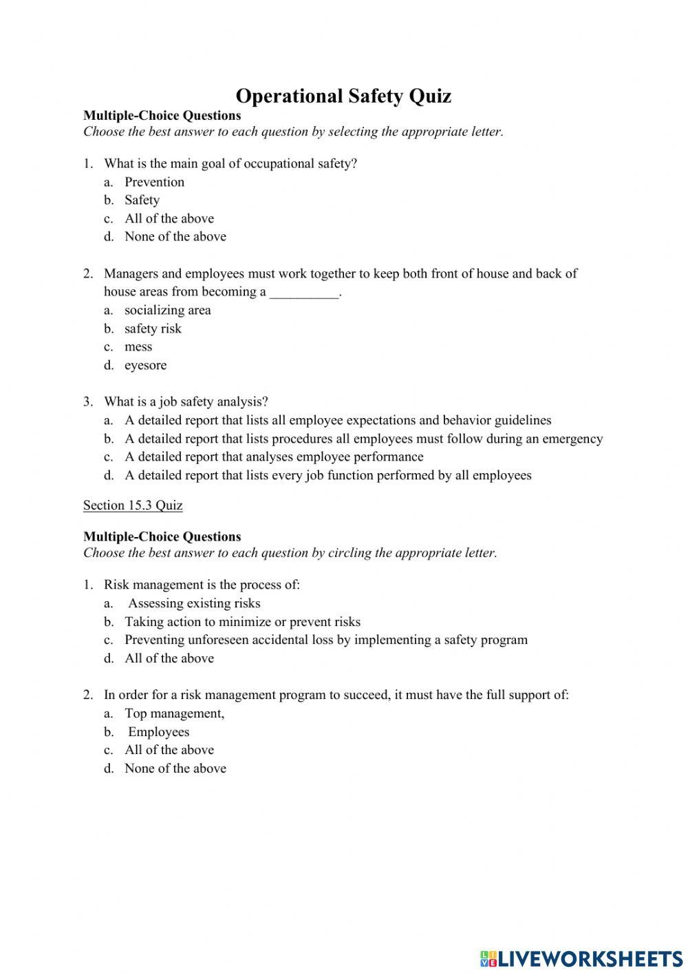 Workplace Safety Printable Safety Quiz