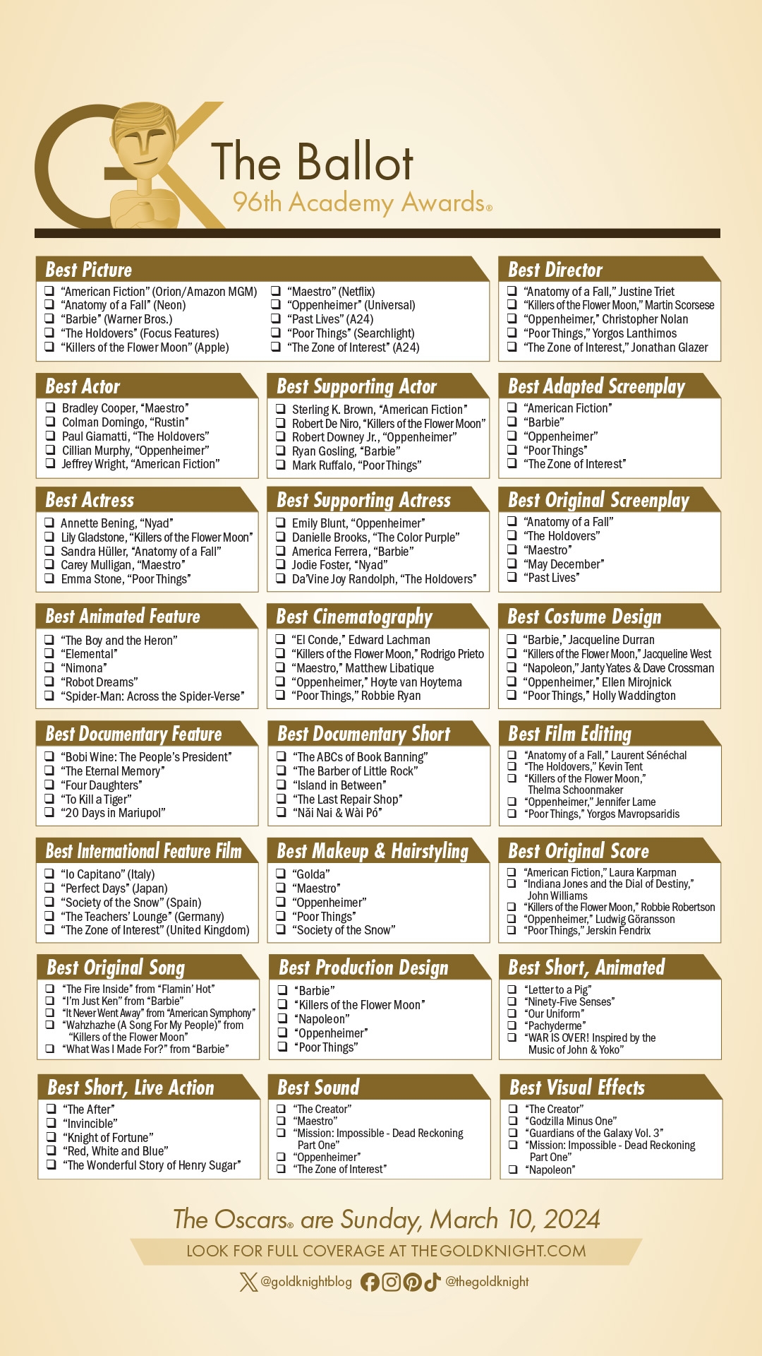 Oscars 2024 Download Our Printable Ballot The Gold Knight Latest Academy Awards News And Insight