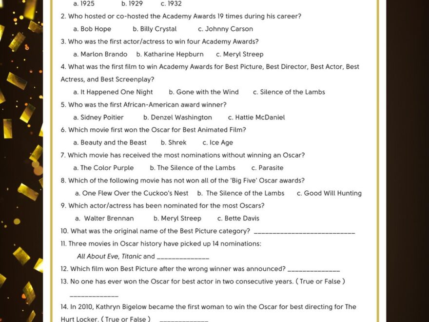 Oscars Trivia Game 95th Academy Awards Printable PDF instant Download Etsy