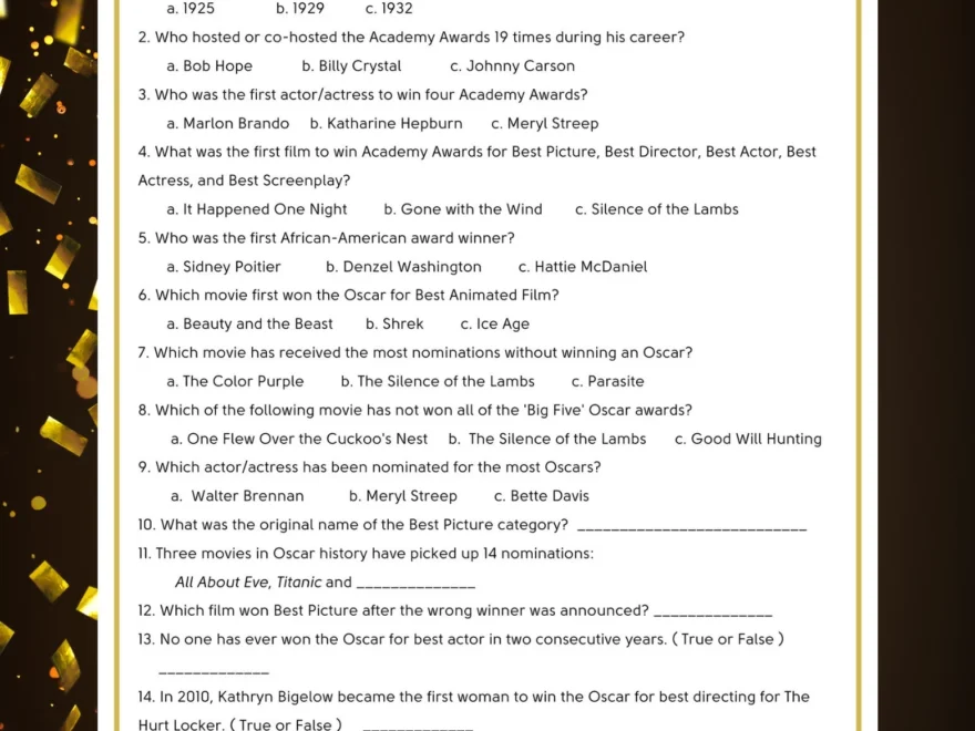 Oscars Trivia Game 95th Academy Awards Printable PDF instant Download Etsy
